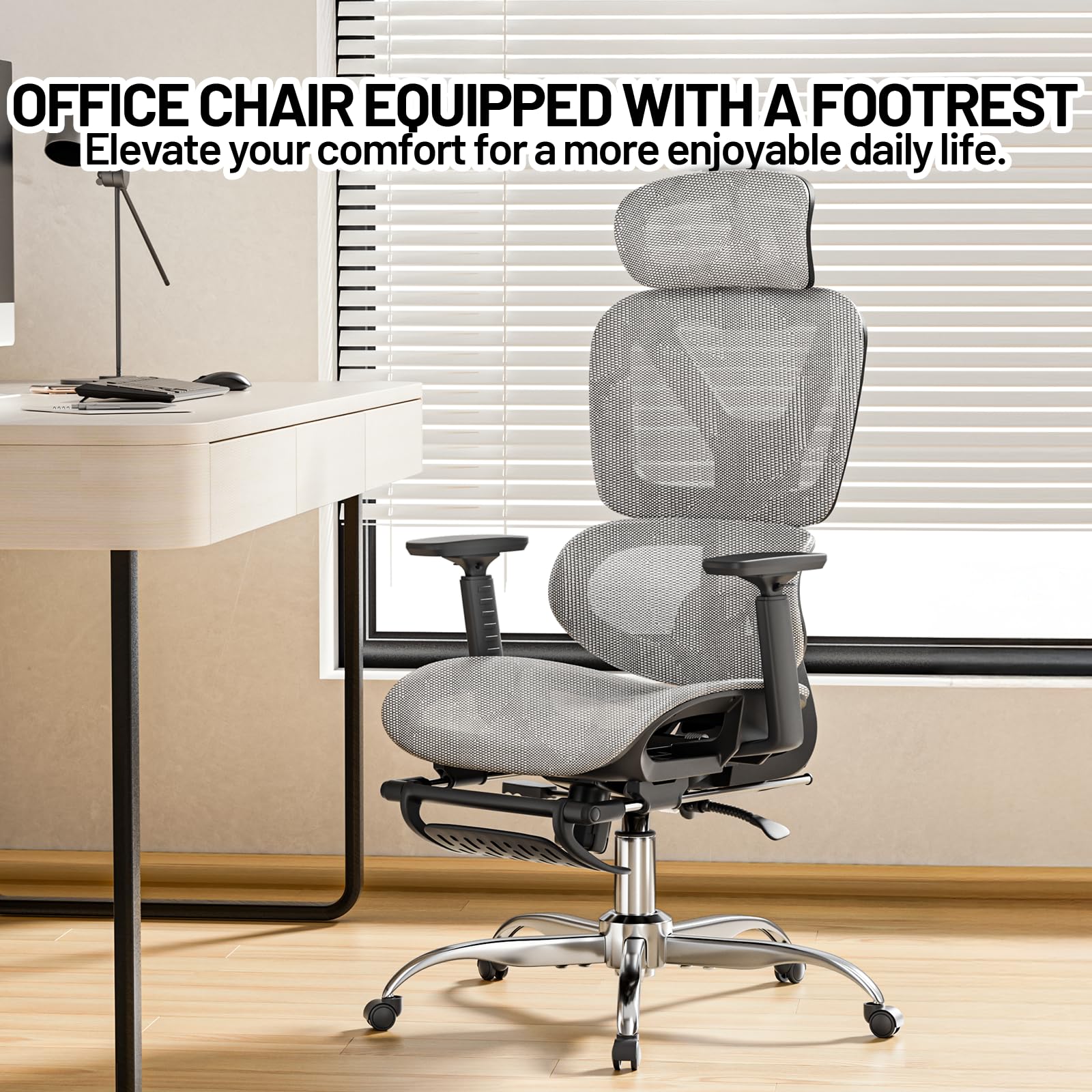 Bürostuhl Ergonomisch, Schreibtischstuhl mit Fußstütze, 90-120° Verstellbare Rückenlehne, Office Chair Lendenwirbelstütze, 4D PUArmlehnen, Stabile Metallbeine, Extra Breites Kissen Büro Gaming Stuhl