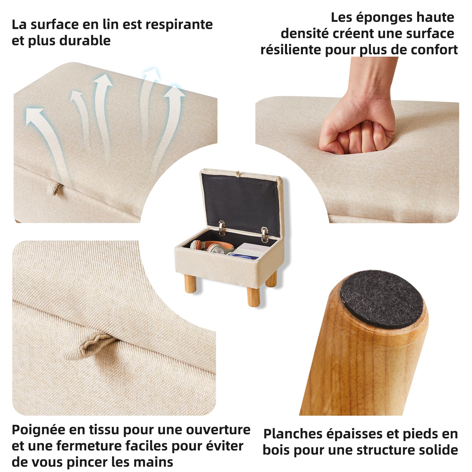 Aibiju Repose-Pieds avec Rangement, Petit Repose-Pieds Ottoman, Repose-Pieds en Tissu avec Pieds en Bois pour Salon, Chambre à Coucher, entrée, Beige, YD-JD1361