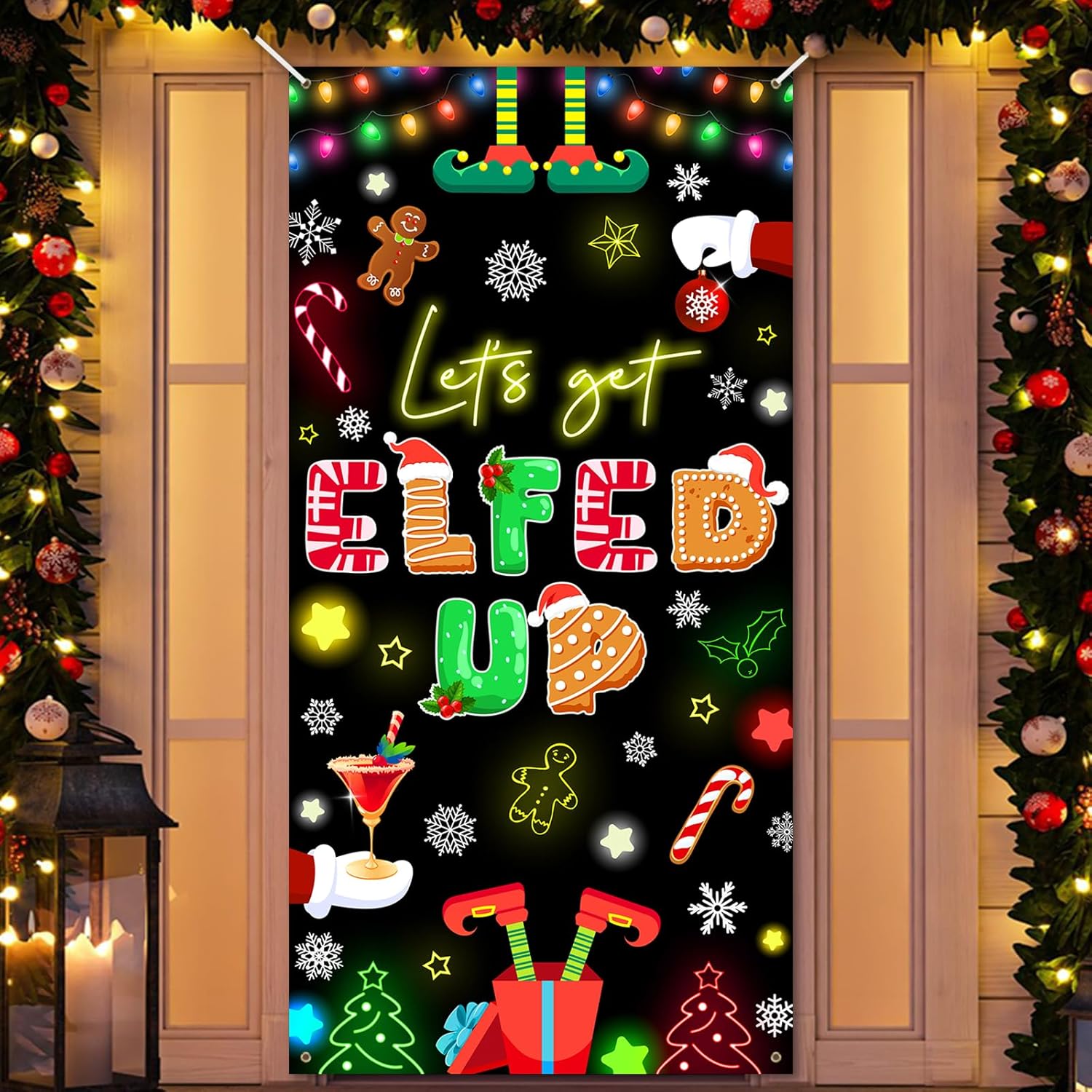 Avezano Christmas Door Cover Christmas Door Decorations Lets Get Elfed Up Banner Gingerbread Banner Xmas Party Decorations