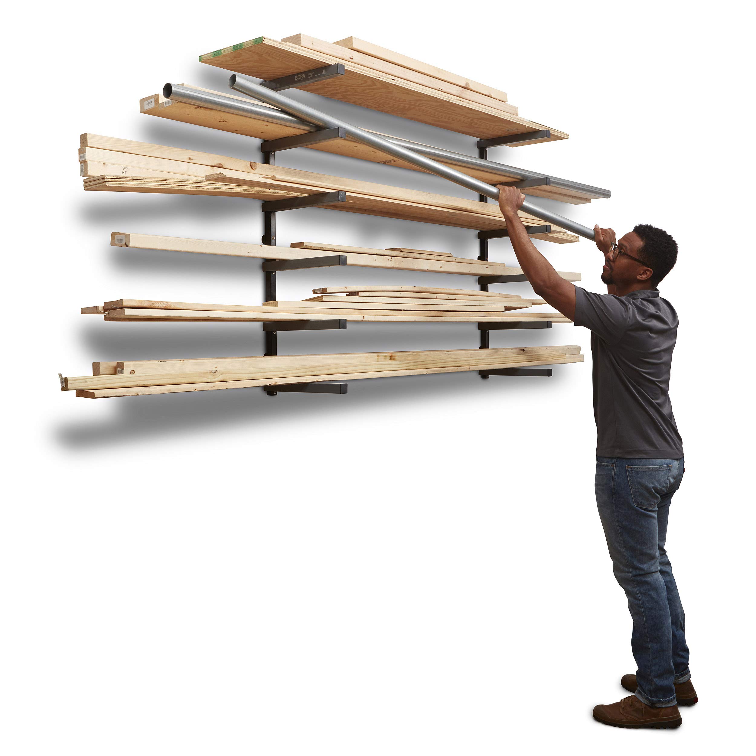 Bora Portamate Wood Organizer and Lumber Storage Metal Rack with 6-Level Wall Mount – Indoor and Outdoor Use, Black/Grey - PBR-006B
