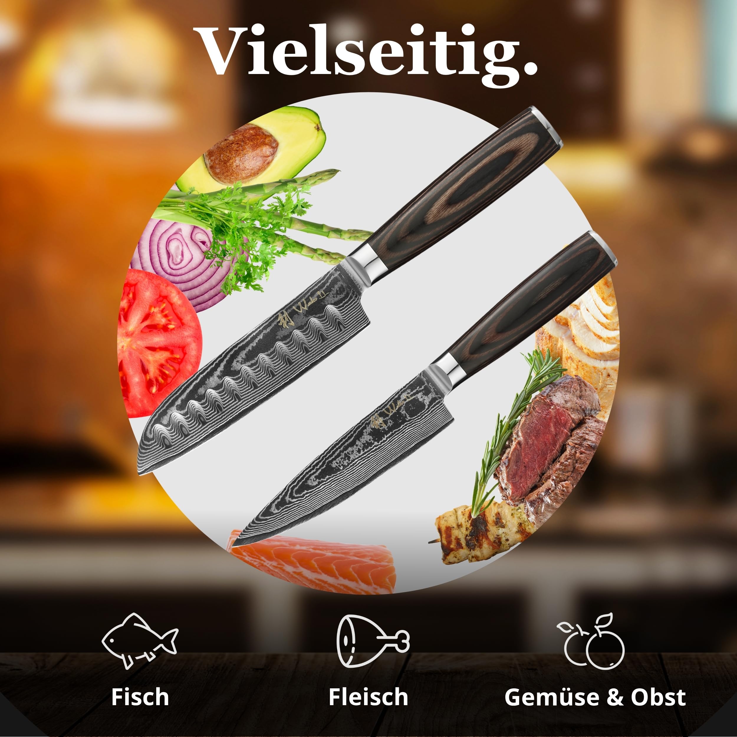Wakoli EDIB Essentials 2-teiliges Messerset, Chefmesser, Santoku, VG10 Kern | 67 Lagen Damaststahl, kompakte 12 und 13 cm Klingen, Pakkaholzgriffe, Geschenkbox und Fingerschutz für feine Schneidarbeiten.
