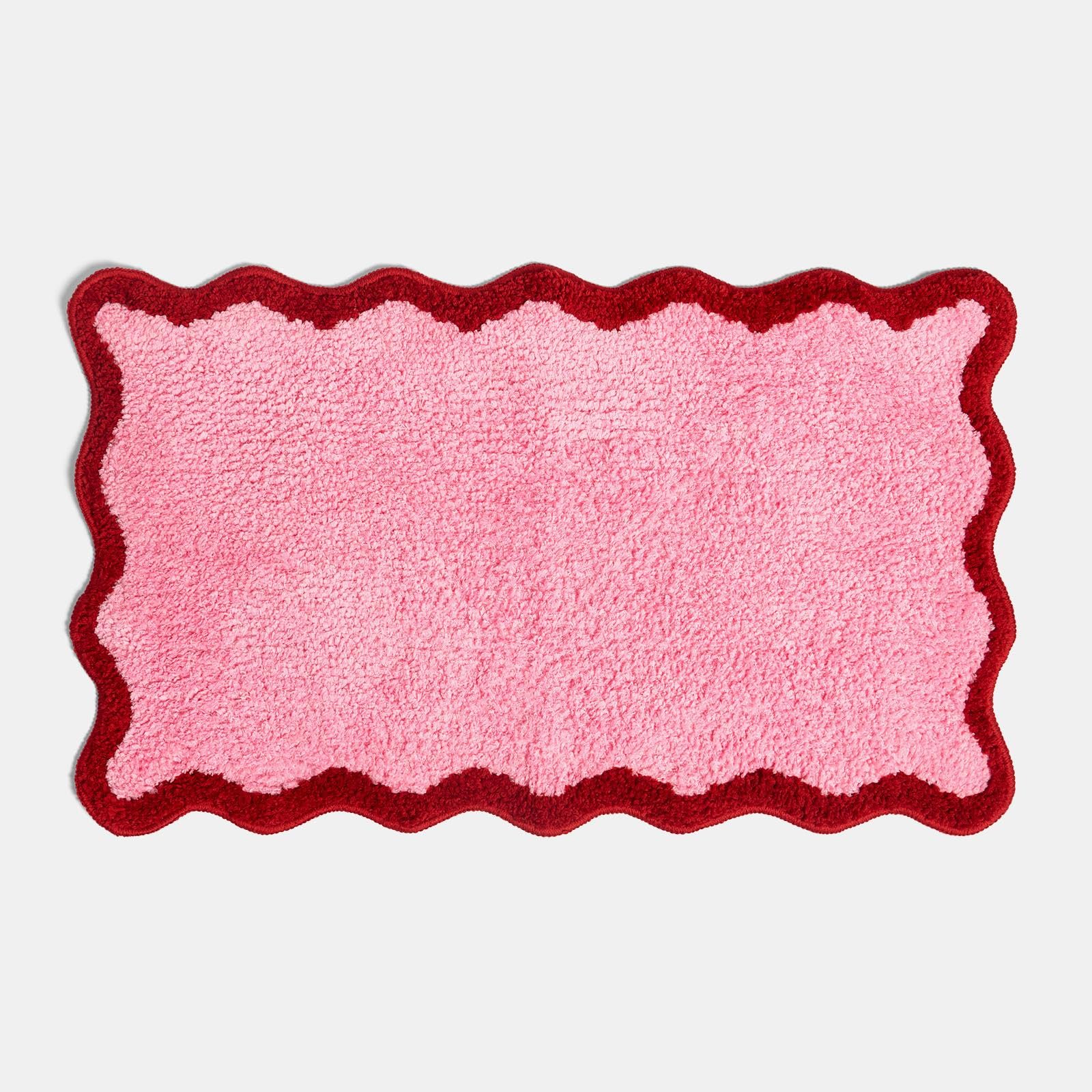 OHS Bath Mats for Bathroom, Soft Absorbent Non-Slip Decorative Scallop Edge Tufted Bath Mat Machine Washable Shower Rug for Bathroom Floor, Pink/Red - 45 x 75cm