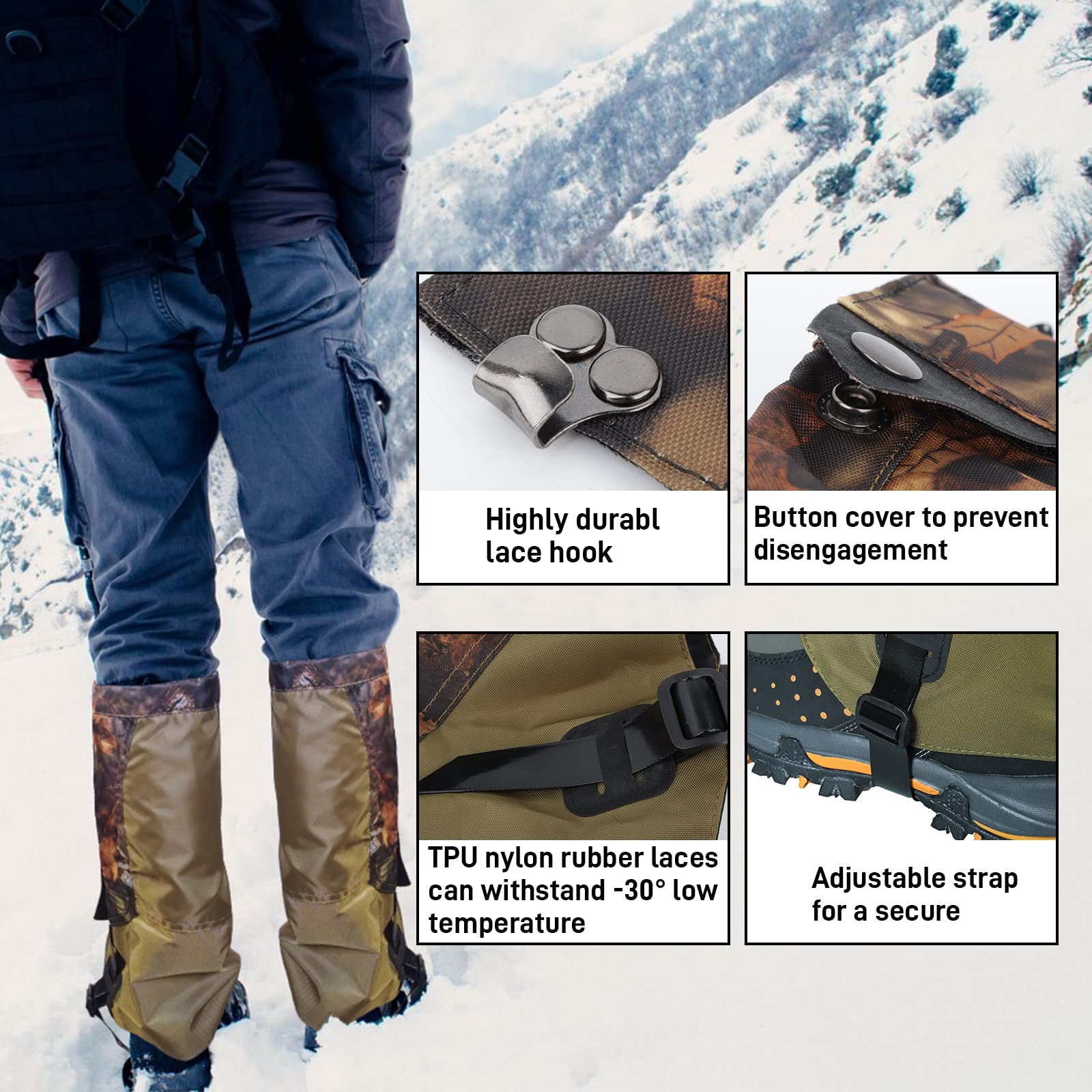 Ghette per Uomo, 900D Oxford Impermeabile Ghette da Neve con Cinturino per Piedi in TPU, Ghette per Gambe per Gamba ultraleggere coprigambe Ghette Serpente