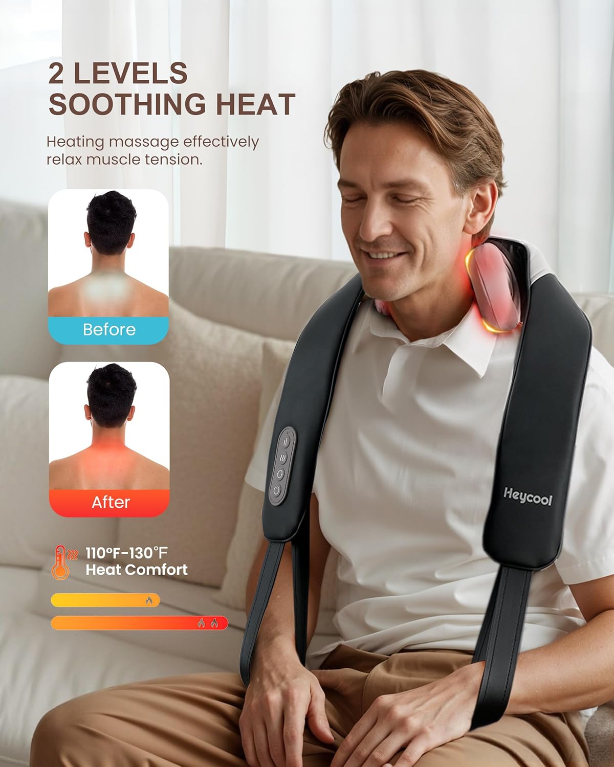 Heycool 4D Shiatsu Neck Massager with Heat, Cordless Back and Neck Massager, 3 Speeds & 3 Heating Level, Lightweight Portable Shoulder Massager for Tech Neck & Commuters, Gifts for Men Women