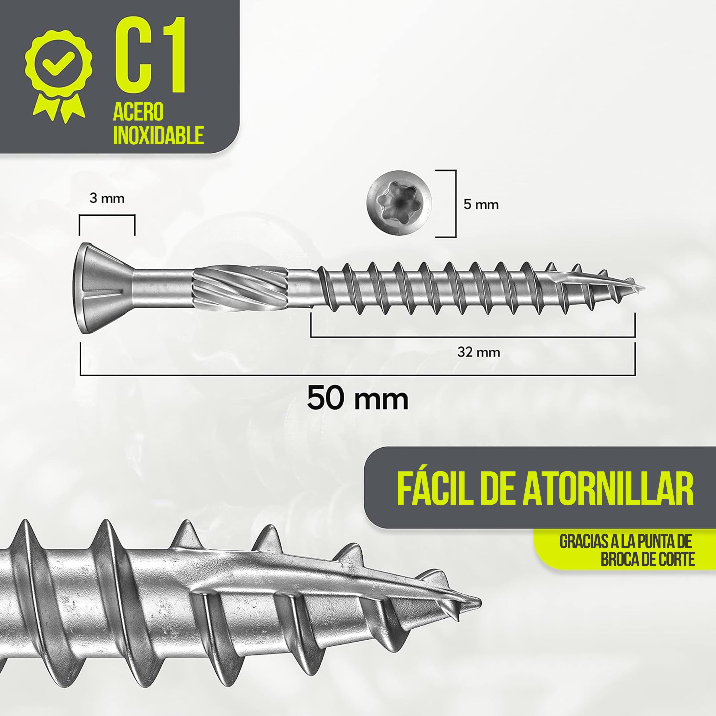 Tornillos para terraza Muesca de corte Torx | C1-5,0x50mm - 200 piezas | Tornillos para tarimas de acero inoxidable de primera calidad con recubrimiento deslizante, tornillo tarima madera