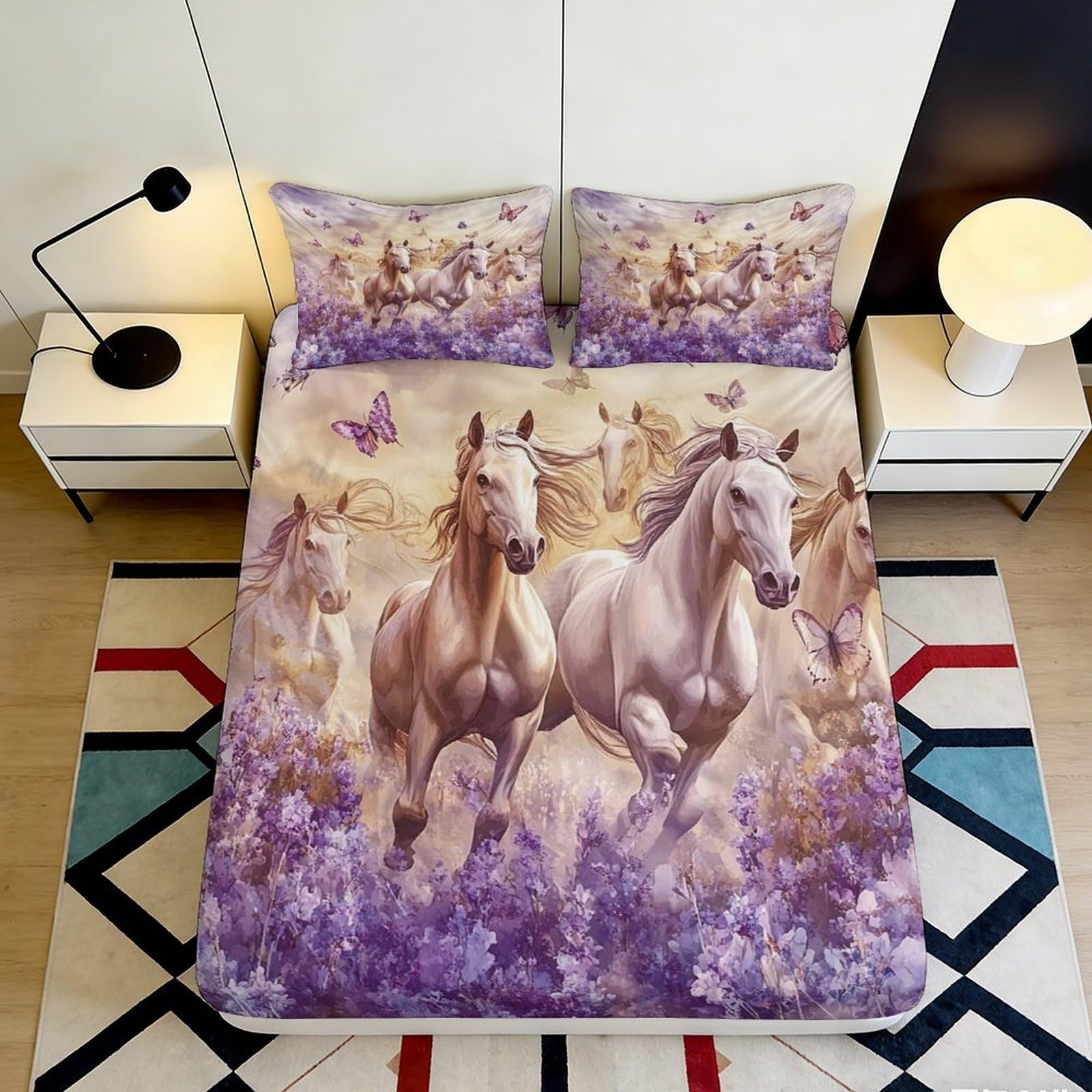 3D Printed Wild Horse Fitted Sheet Microfiber Beige Purple Prairie Mattress Cover Non Slip Bedroom Decor Easy Care 90x200x25cm