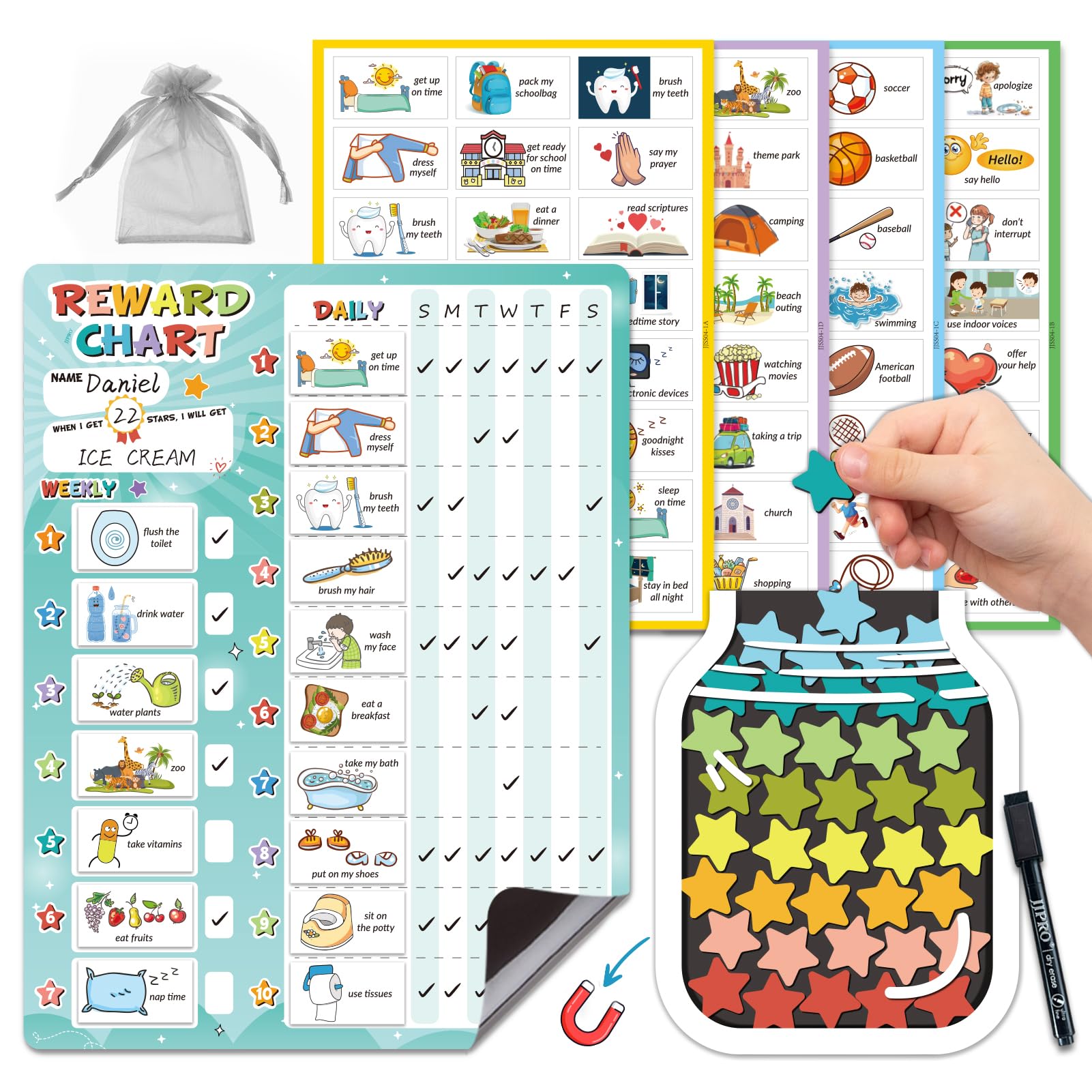 JJPRO Magnetic Reward Chart for Kids with Reward Jar- Behavior Reward Chart System, Toddlers Daily Routine,Visual Schedule Board,96 Reusable Stickers&amp; 45 Star Tokens to Motivate Responsibility-Blue