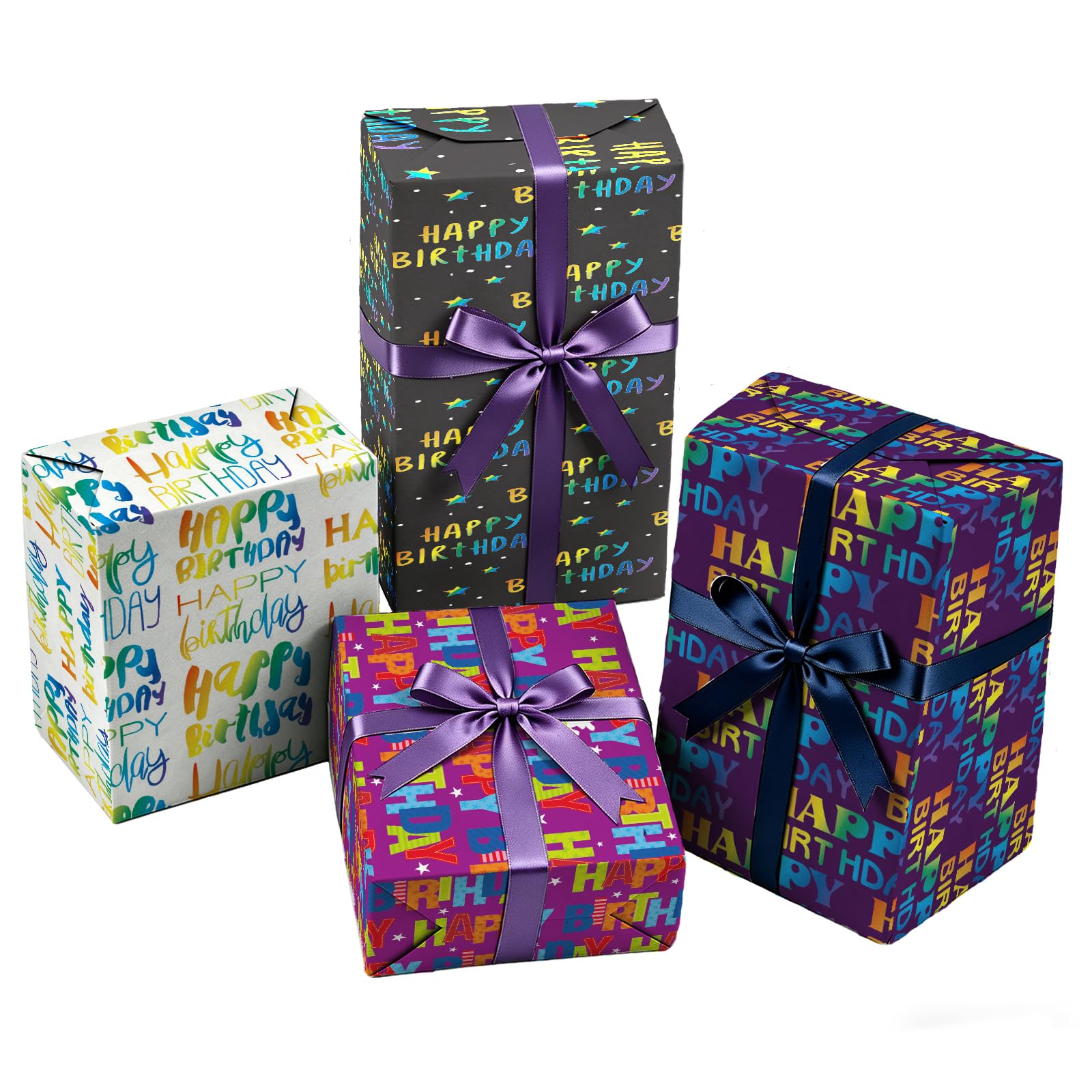 BOCACUE Gift Wrapping Paper Sheets, 8 Sheets Gradient Happy Birthday Wrapping Paper, 50x70 cm Recyclable Coated Paper Roll for Parcels, Perfect for Kids, Boys, Men, Girls, Women