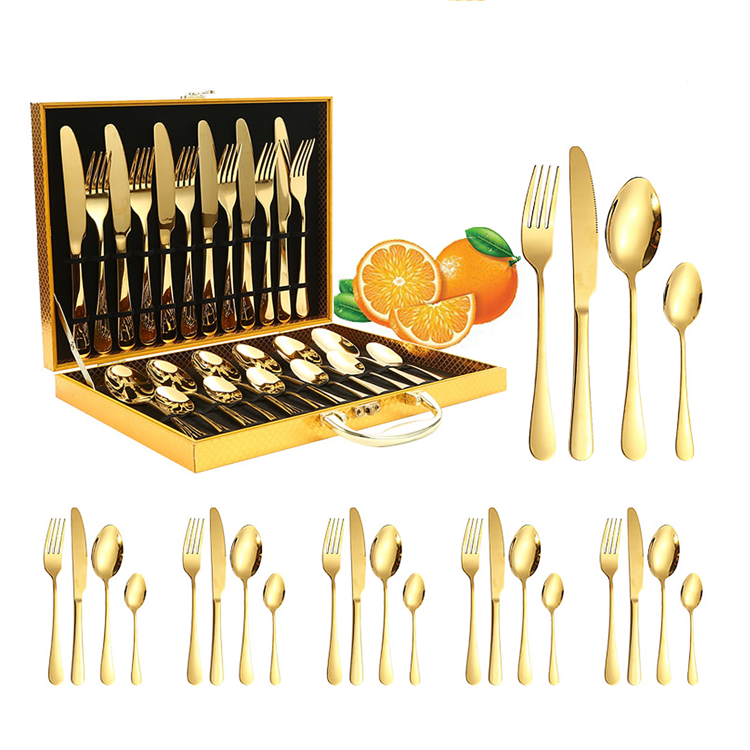 Yindella 24 PCS Gold Plated Cutlery Set with Wooden Box Stainless Steel Flatware Utensil Knife, Fork, Spoon with Storage Case for Wedding Festival Christmas Party Dinner Table (B0DDXK14CZ) Amazon Price History, Amazon Price Tracker