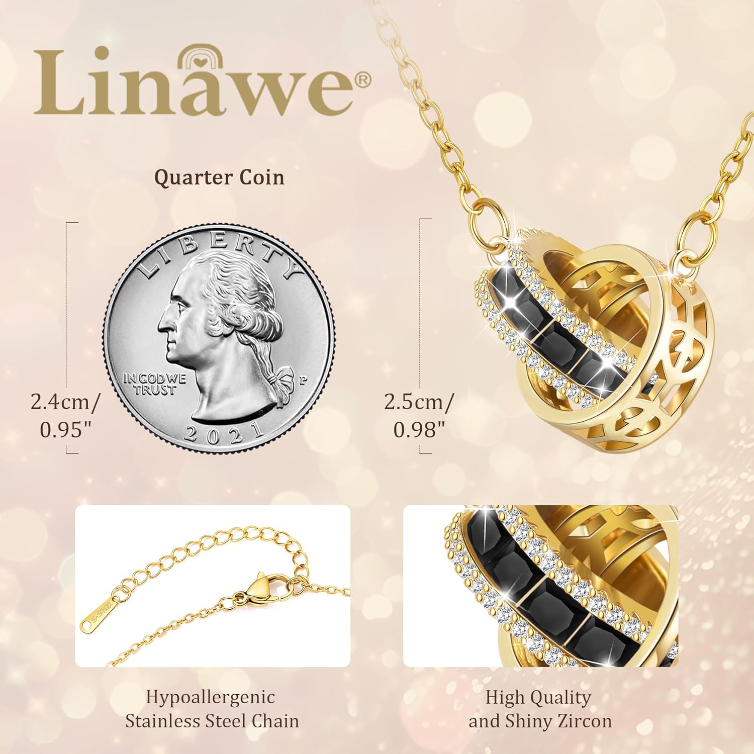 Linawe Moissanite Crystal Imitation Diamond Necklace for Women Trendy, Birthstone Rhinestone Dainty Jewelry, Circle Pendant Stainless Steel Chain Necklaces, Gold, Rose Gold and Silver Tones - Image 2