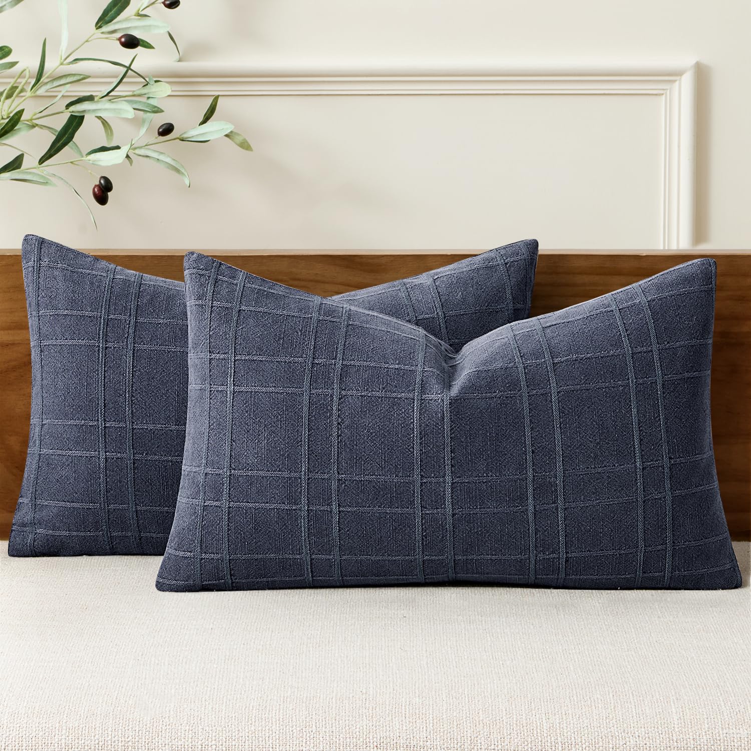 MIULEE Linen Plaid Pillow Covers Coastal Decorative Lumbar 12x20 Navy Blue