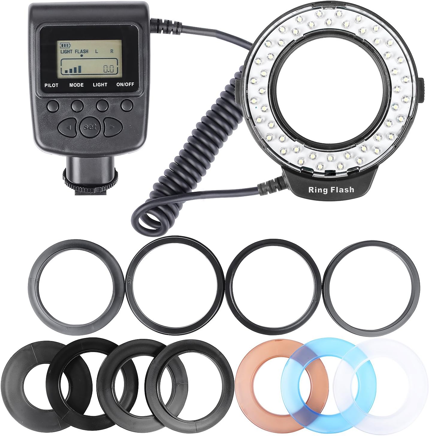 Hakutatz RF-550D 48 LEDS Macro LED Ring Flash Light Bundle Macro Photography with LCD Display Power Control, Adapter Rings and Flash Diffusers for Canon Nikon Olympus or other DSLR Cameras