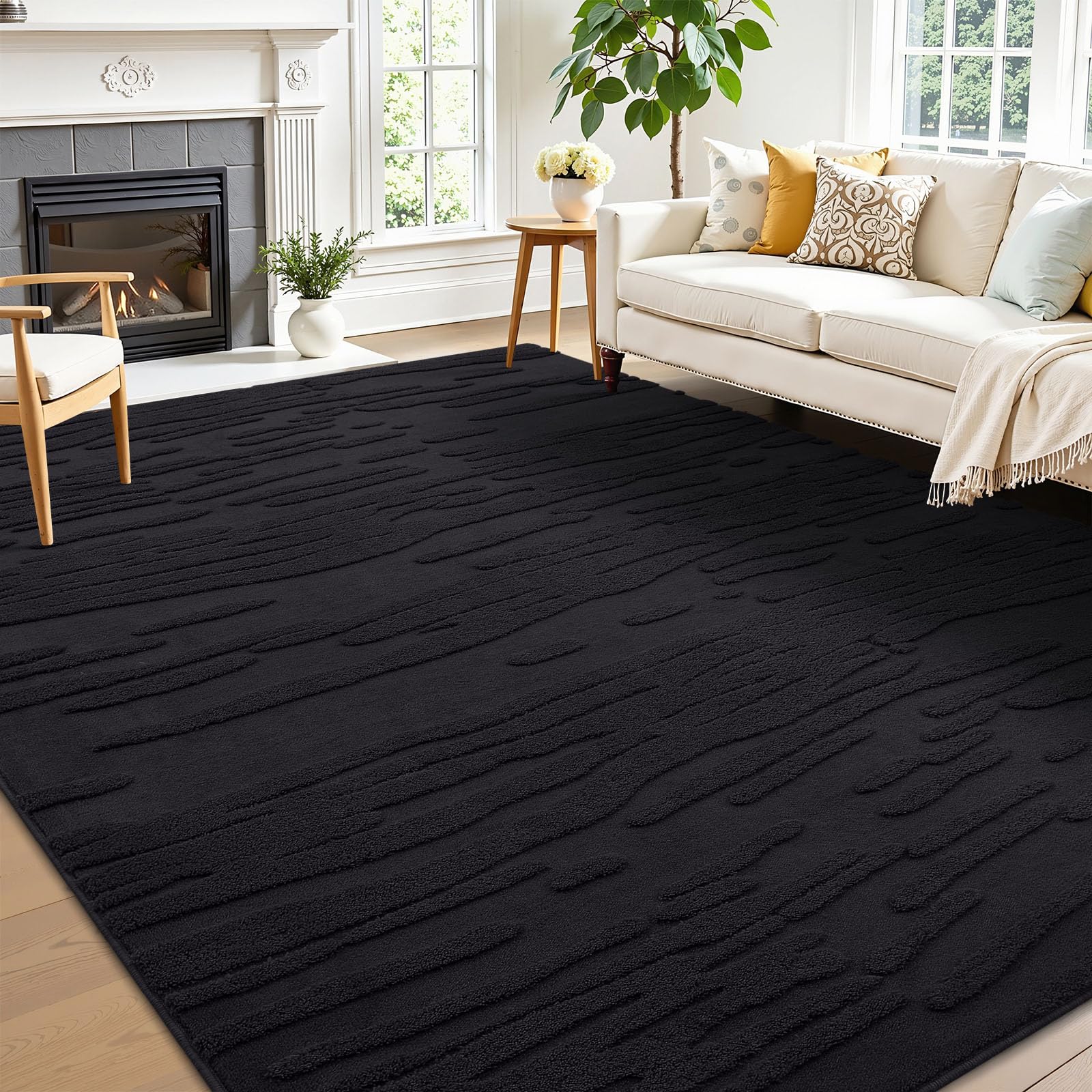 smiry Rugs Living Room, Extra Large Area Rugs for Bedroom, Machine Washable Anti Slip Short Pile Soft Carpets for Kids Room Bedroom - 160 x 220 cm, Black