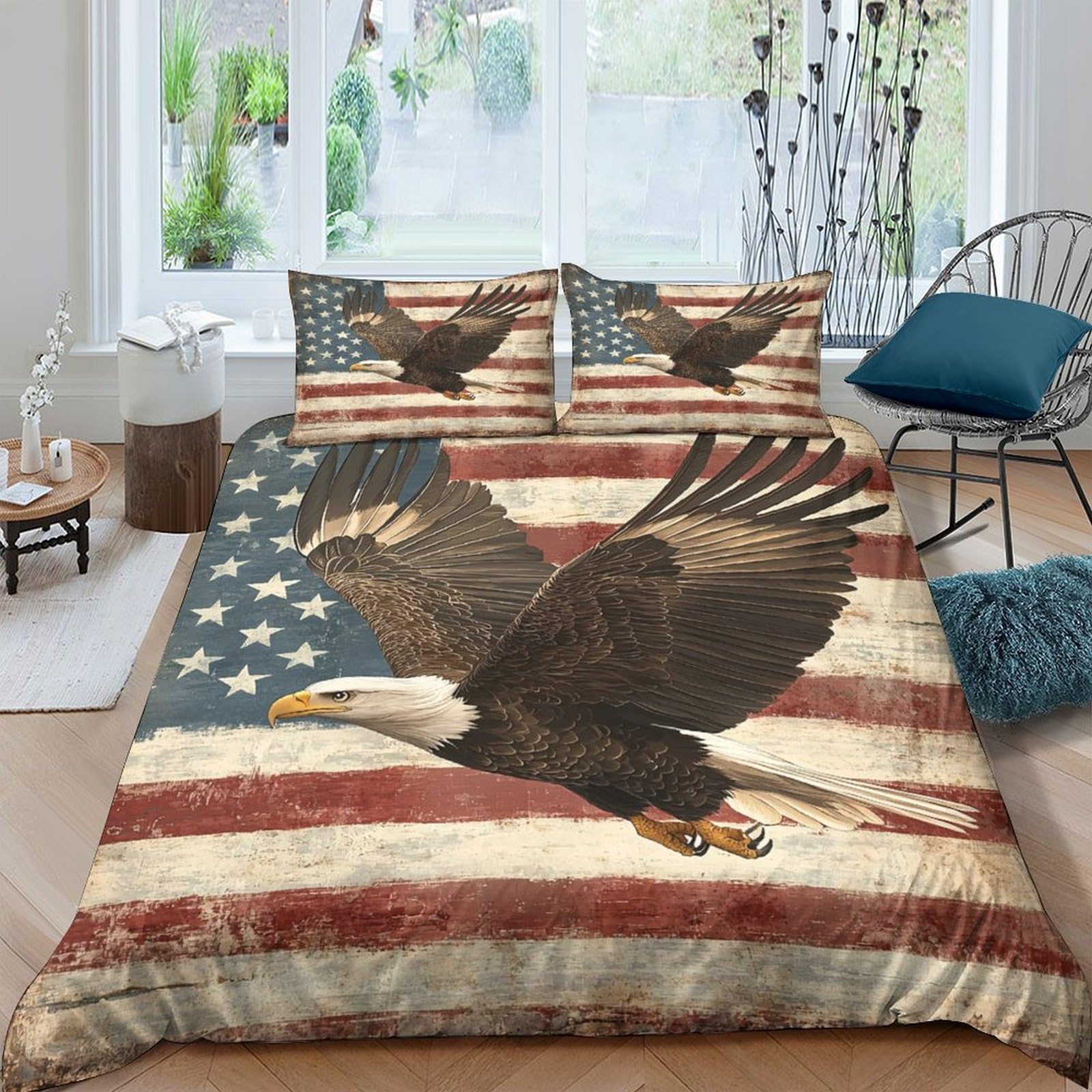 GPLZQXKJNH 3D Printed American Flag Eagle Duvet Cover Set Microfiber Soft Breathable Bedding Set with 2 Pillowcases for Bedroom Decor Single（135x200cm）