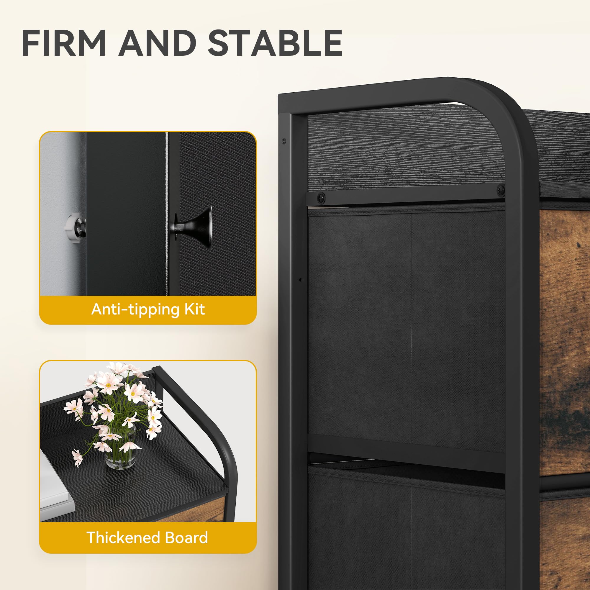 DWVO Chest Of Drawers, 8 Fabric Drawers Bedroom Cabinet,Dresser For Bedroom,Living Room With Handles,Wood Top And Sturdy Steel Frame, Dark Grey