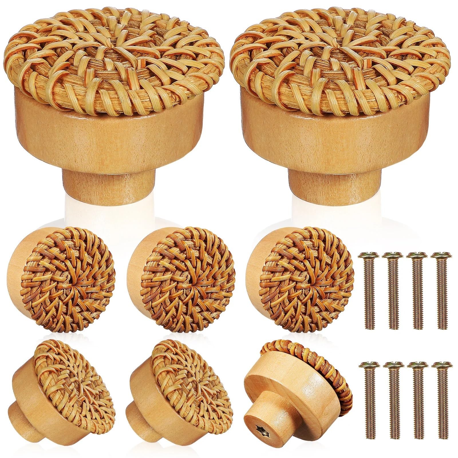 Lsnnmu One Color 8 Pcs Rattan Wood Knobs 40Mm Diameter Solid Drawer Handles Furniture Cabinet Pulls Dresser Hardware For Home