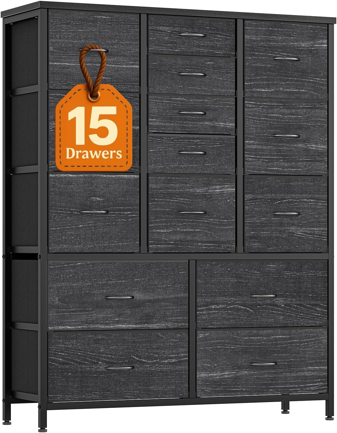 Garvee 15 Schubladen Kommode, Großer Stoffschrank mit Metallrahmen & Holzplatte, Schubladenschrank Organizer für Schlafzimmer, Wohnzimmer, Kinderzimmer & Flur, 100 x 30 x 123 cm, Deco Grau