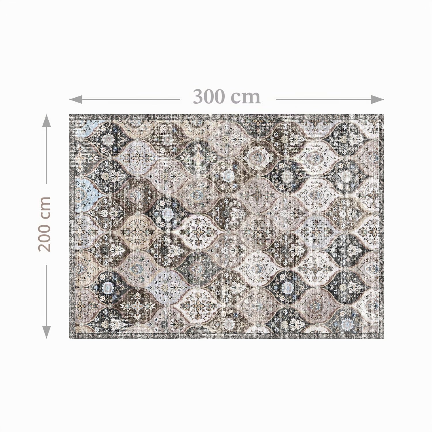 Enkor Tapis boho, lavable, doux, antidérapant, style persan rétro, pour salon, chambre à coucher, cuisine, couloir, gris, 200 x 300 cm