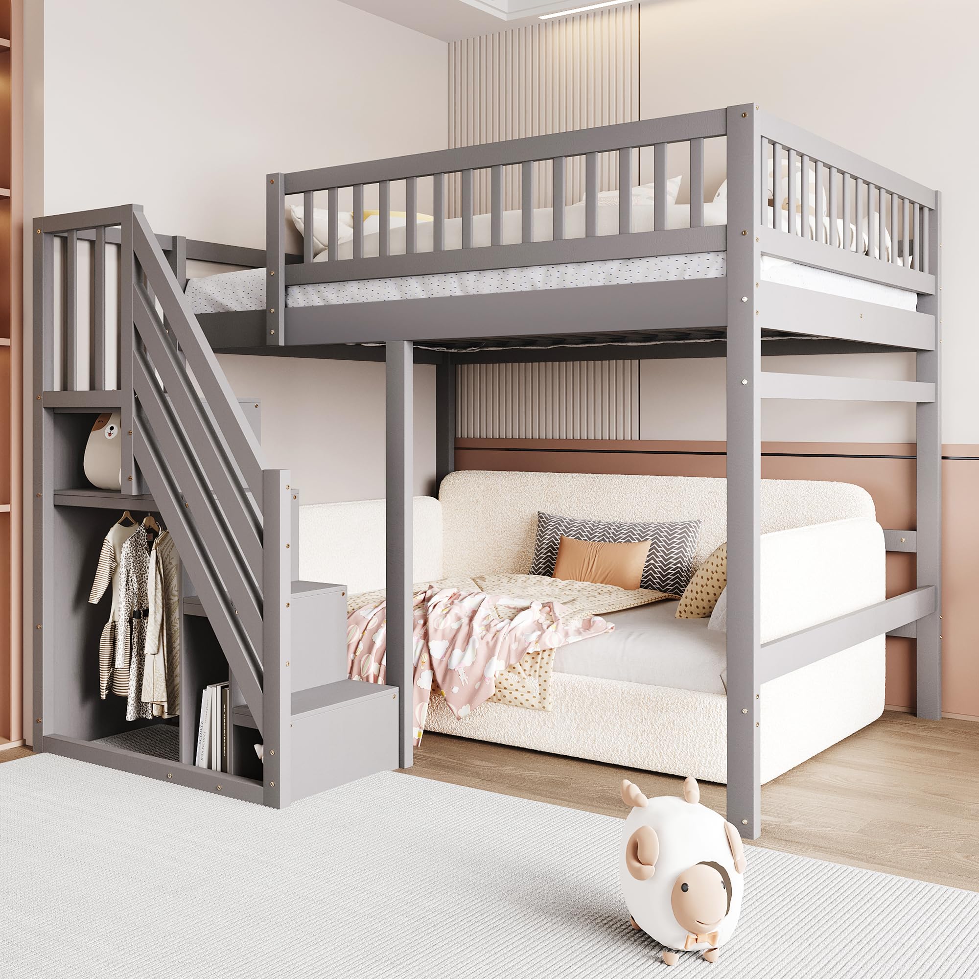 Merax Hochbett 140 x 200 cm, mit Aufbewahrungsleiter, Kinder- und Jugendbett, Massivholzrahmen, integrierte Aufbewahrung, für kleine Schlafzimmer, 