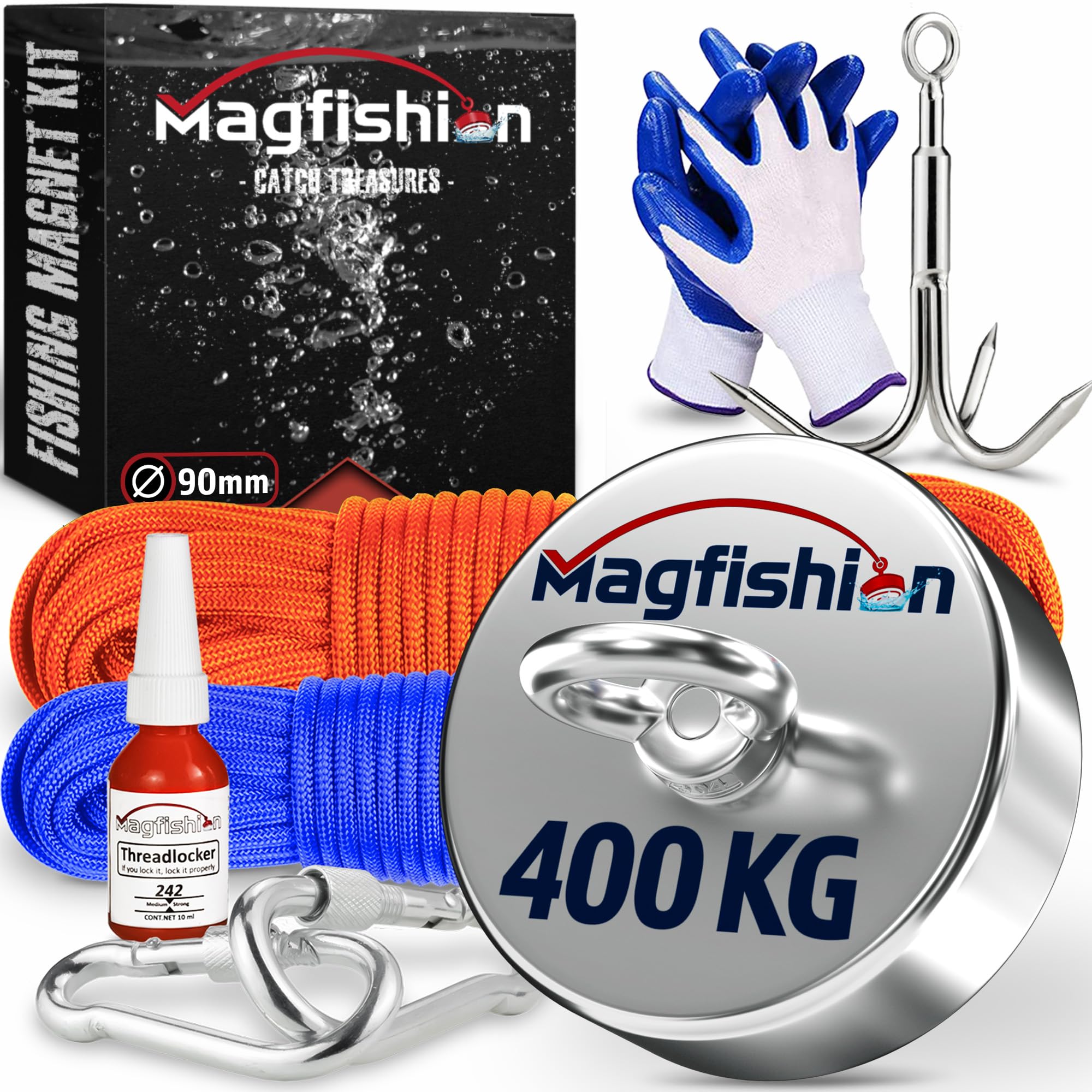 Magnet Fishing Kit - 400 KG (900lb) - Ø90mm - Super Strong Neodymium Magnet with 2 Ropes, Carabiners, Grappling Hook, Gloves, Threadlocker - Magnetic Powerful Magnets