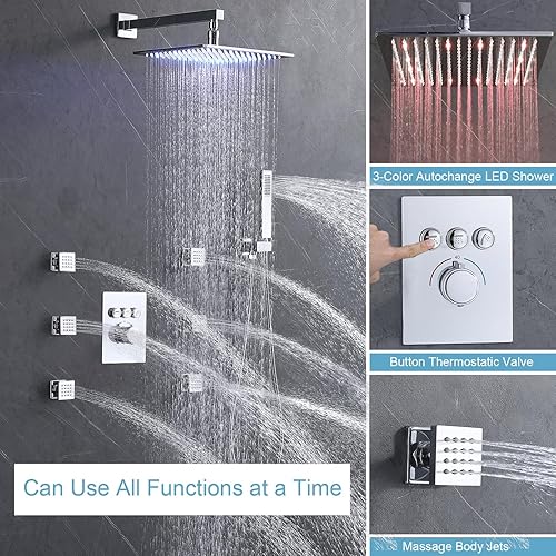 Miniatura 2 de Sistema termostático de ducha de cabezal de lluvia de 12 pulgadas con espray corporal y juego de grifo de ducha de latón que puede funcionar
