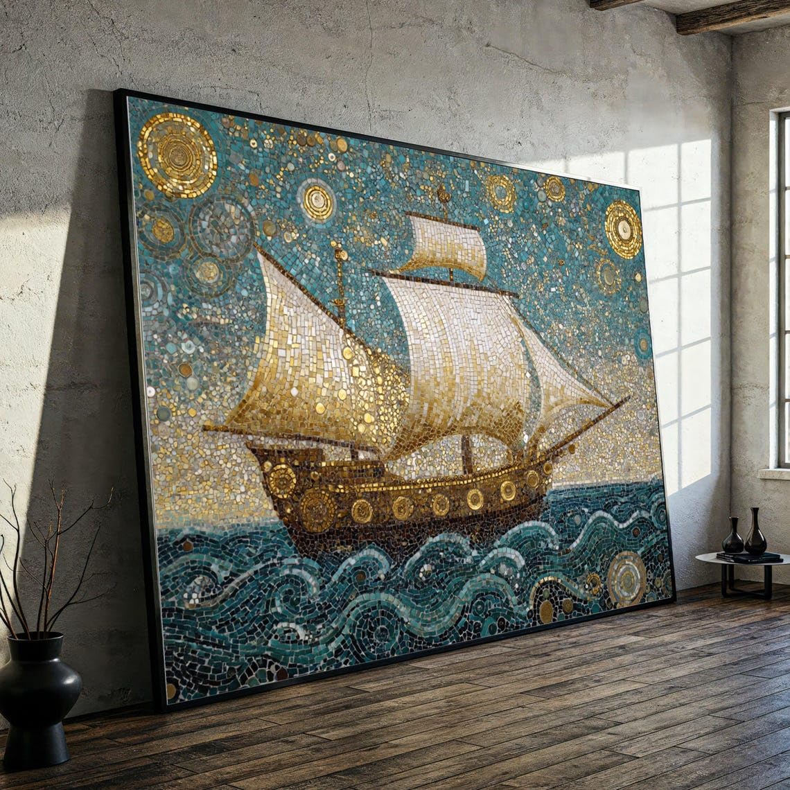 XBTYKPB Vintage Sailing Ship Mosaic Canvas, Golden Sea Waves Wall Art, Decor Nautical Canvas, Vintage Style Home Decor Painting(50x70cm/Frameless)