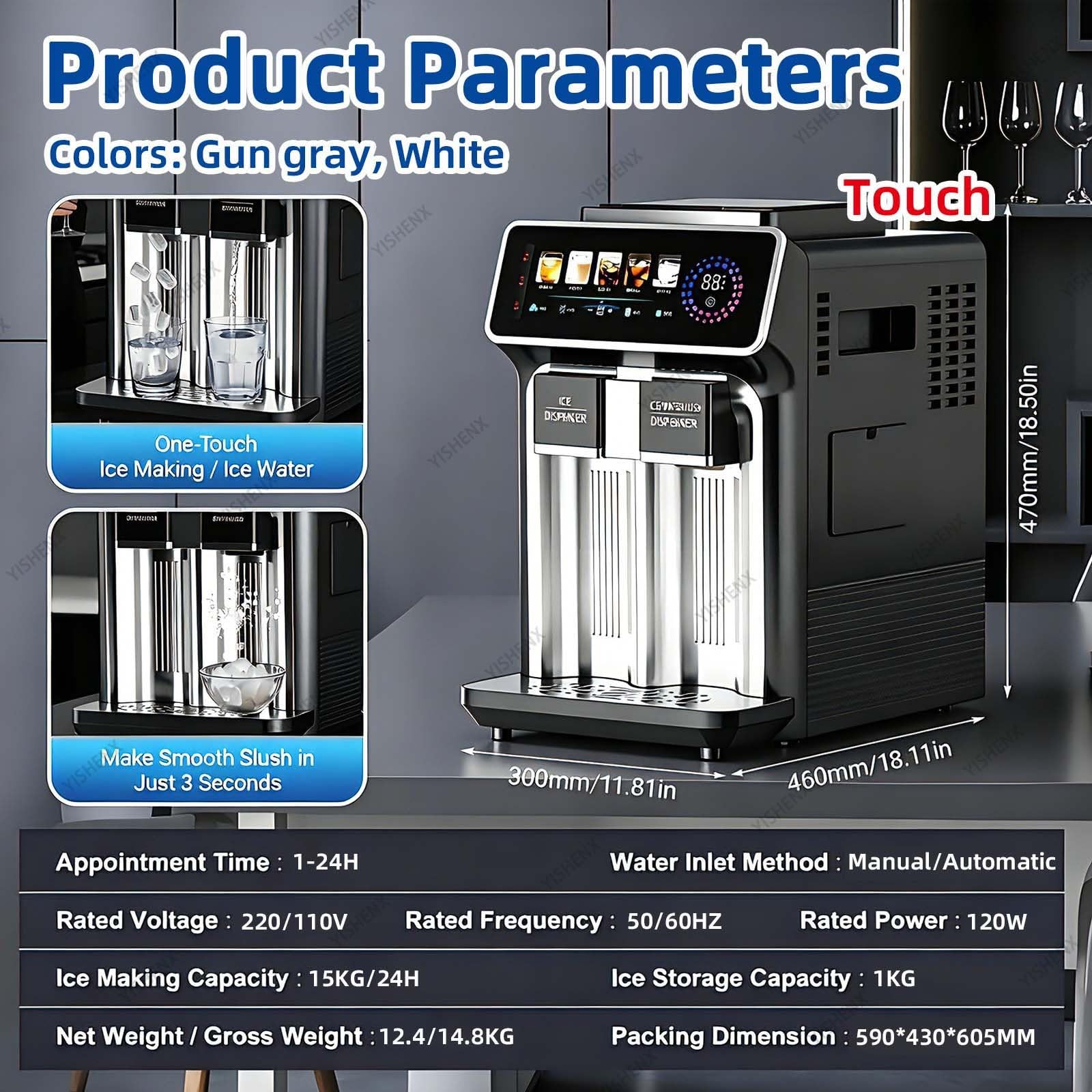 Máquina De Hielo 3 En 1, Máquina De Granizados Profesional, Alta Producción De 15 Kg/24 H, 5 Modos De Dispensación Leche, Miel, Café, Cola, Cócteles, Para Cafeterías(Gun-gray,Touch)