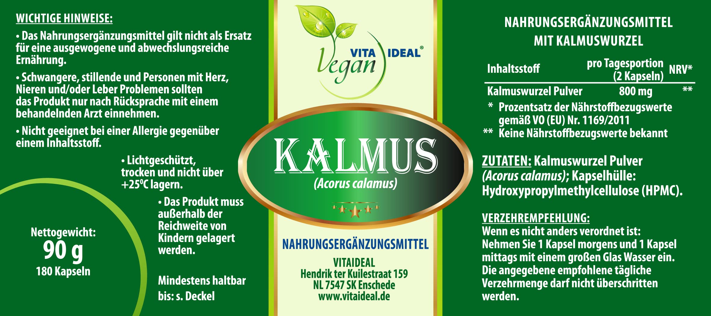 VITA IDEAL Vegan® Kalmus Wurzel 180 Kapseln - Acorus calamus - Tgesportion 800mg Kalmuswurzel Pulver natur, gemahlen. Pflanzlich, natürlich und ohne Zusatzstoffe, original von VITAIDEAL.