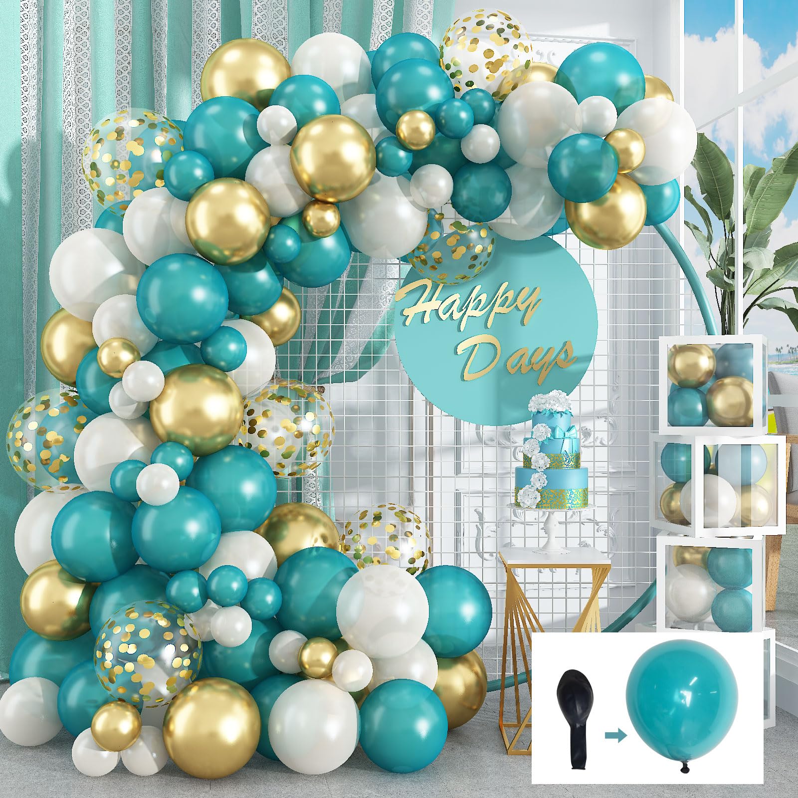 Balloon Arch Kit Pearl Retro Teal Blue White Metallic Gold Balloon Garland Kit with Confetti Balloons Peacock Turquoise Blue Birthday Party Balloons Decorations for Kids Boys Ocean Baby Shower Wedding