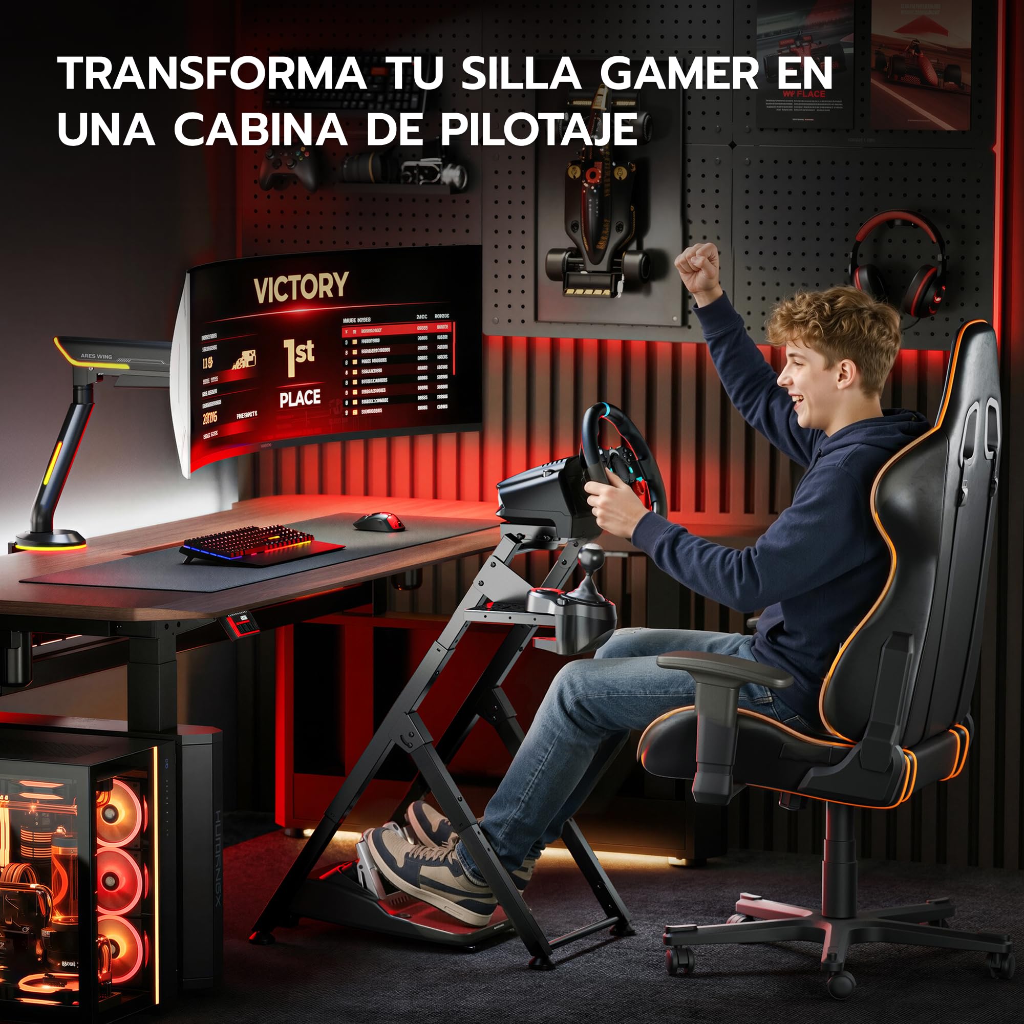 ARES WING Soporte plegable para volante de Sim Racing | COMPATIBILIDAD AMPLIA: Compatible con Logitech G29, G920, G923, Fanatec, Thrustmaster, Moza y Simagic