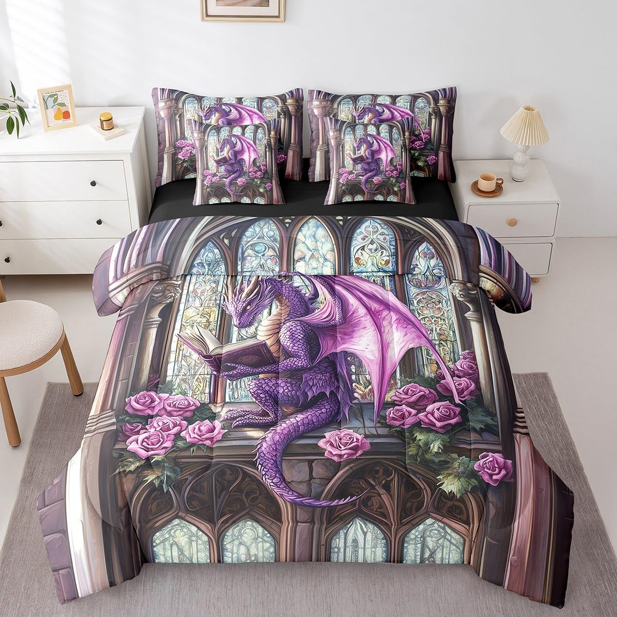 7 Pcs Western Dragon Kids Comforter Queen,Gothic Animal Read Book Mystery Boys Bedding Set,Magical Tale Rose Flowers Purple Romantic（Comforter+Fitted+Flat Sheet+2 Pillowcases+2 Throw Pillow Covers）