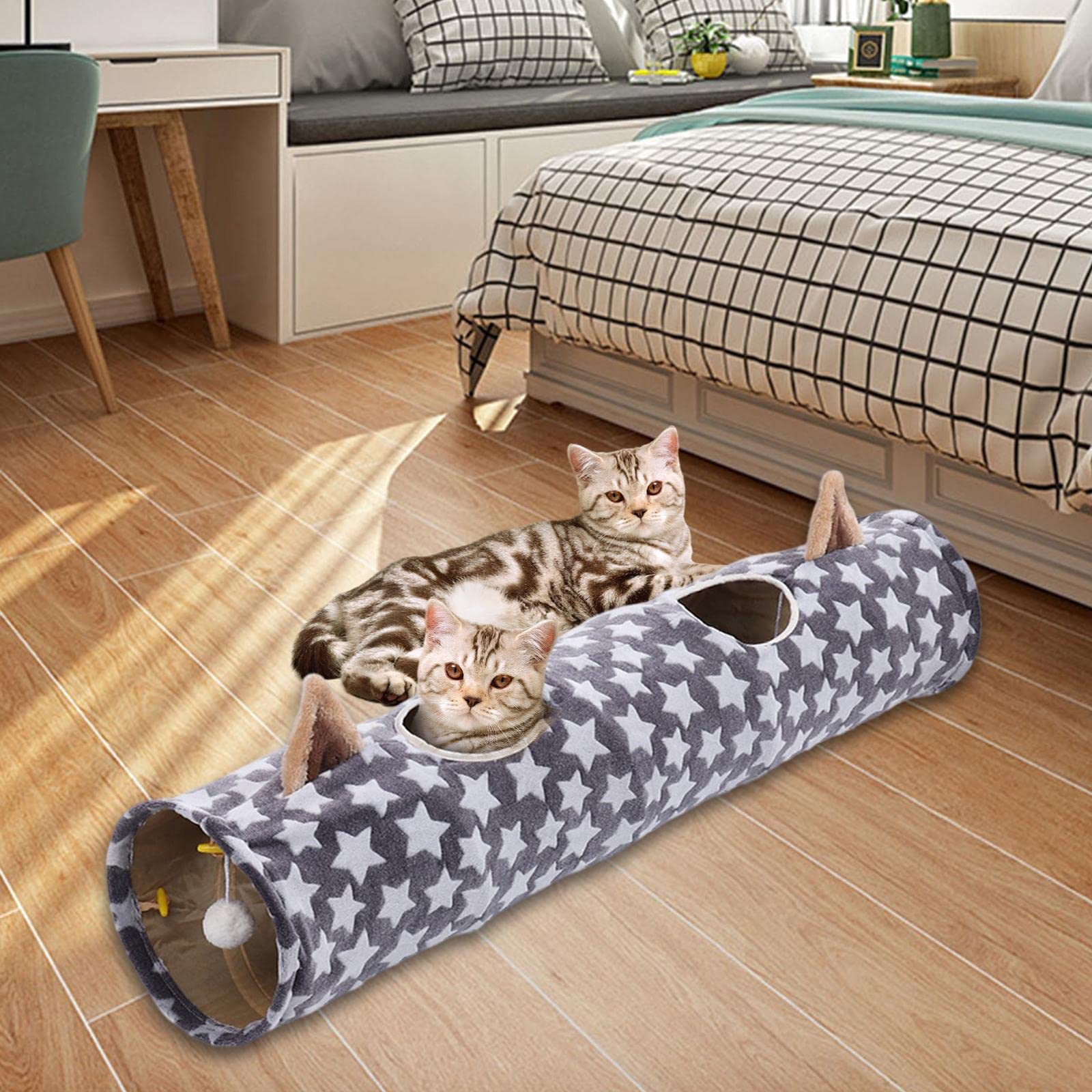 Katzentunnel Interaktives Katzen Kätzchen Spieltunnel Bett Aus Stoff mit Geräuschpapier Und Ball für Wohnung Training Spielen, Stern