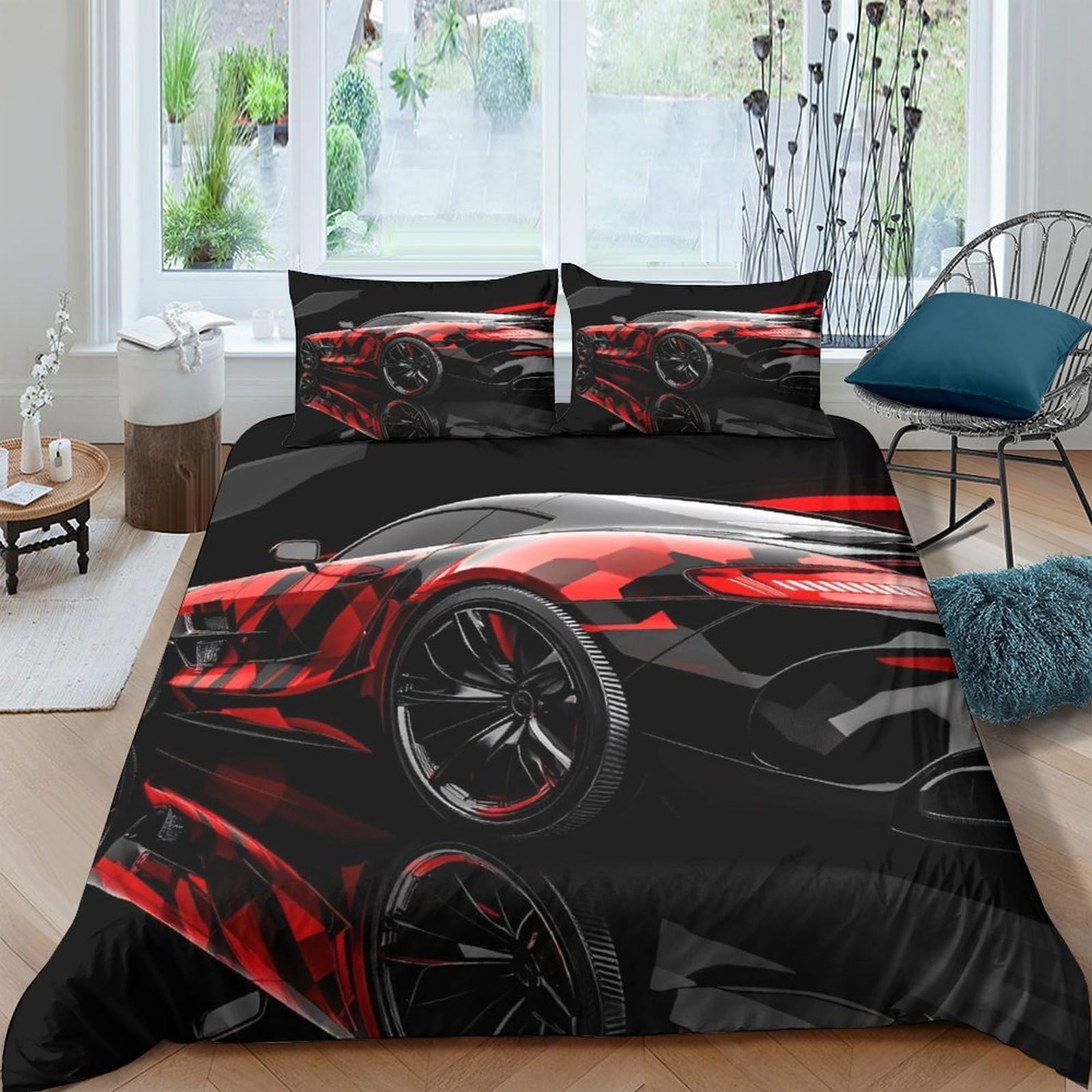 Ctjqhvkz Style-9 3D Printed Red Sports Car Fitted Sheet Microfiber Soft Black Supercar Bed Cover For Bedroom Dorm Mattress Decor Single（135X200cm）