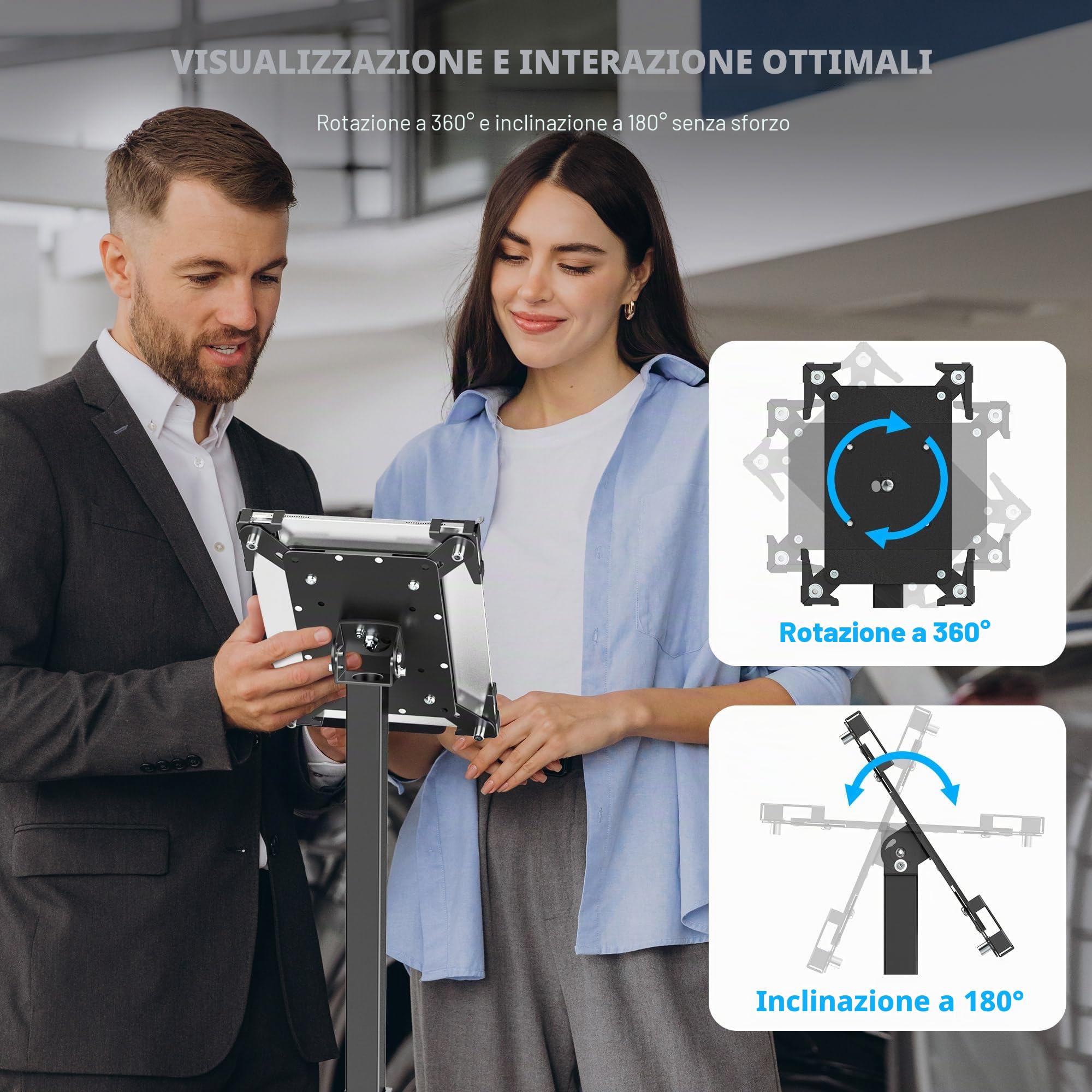 AboveTEK Supporto Sicurezza iPad, Supporto Tablet POS Antifurto Negozi, Regolabile Altezza, Girevole 360°, Per iPad 9,7"-13"