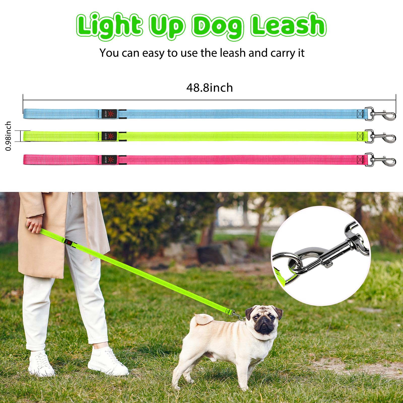 HIGO Guinzaglio per cani a LED, ricaricabile tramite USB, per cani, riflettente e luminoso, per passeggiate notturne con il cane (verde, 120 cm)