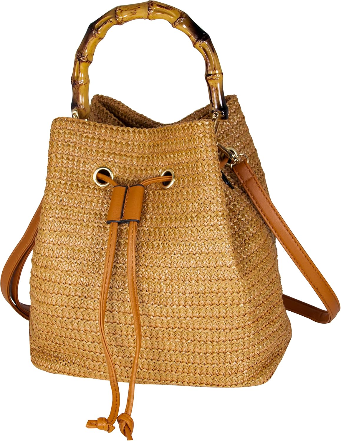 Hirooms Women Beach Bag Straw Woven Shoulder Bag Crossbody Bucket Handbags Summer Handmade Hobo Purse Bamboo Handle