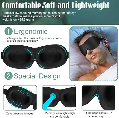 Miniatura 4 de 8 piezas de antifaz para dormir con contorno 3D, cubre ojos opacos para dormir con correa ajustable, bloquea la luz nocturna, vendas suaves y