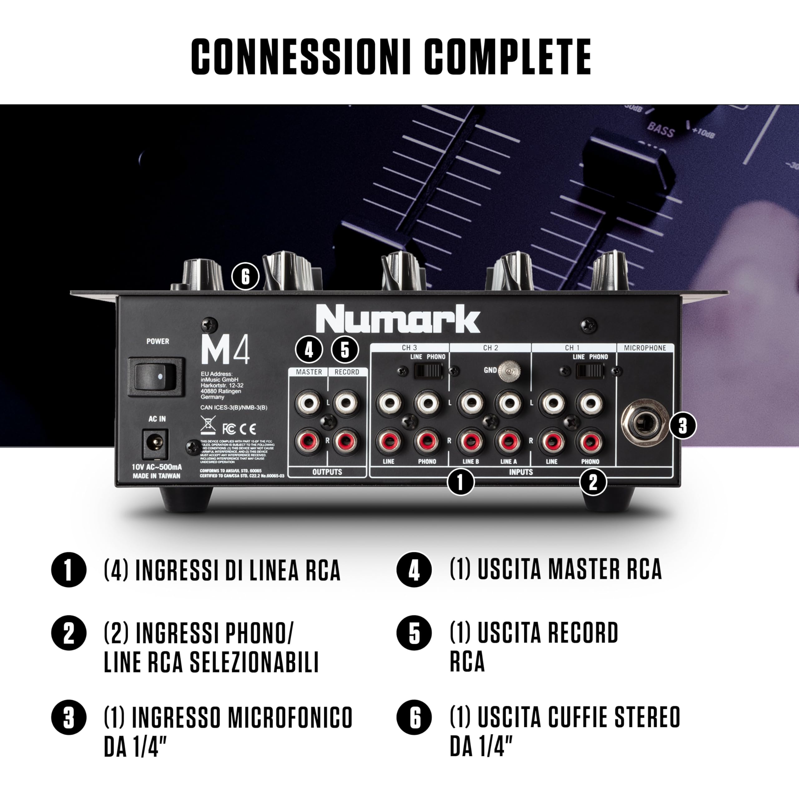 Numark M4 - Mixer Scratch 3 Canali a Rack per DJ con EQ a 3 Bande, Ingresso Microfonico, Crossfader Sostituibile e Controlli Slope e Reverse