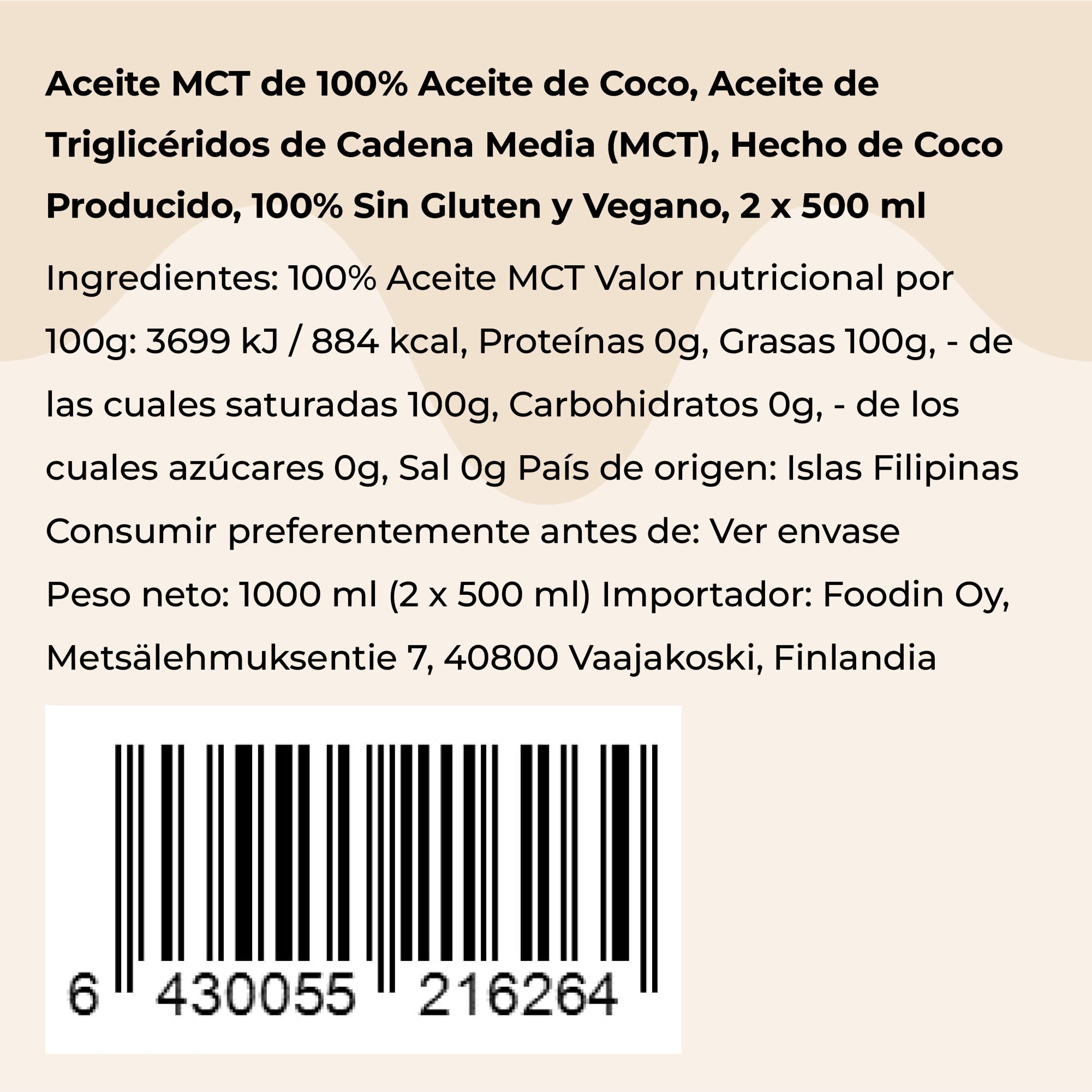 FOODIN Aceite MCT 1000 ml (2 x 500 ml) 100% aceite de coco, triglicéridos de cadena múltiple, vegano, sin gluten, para cetogénica