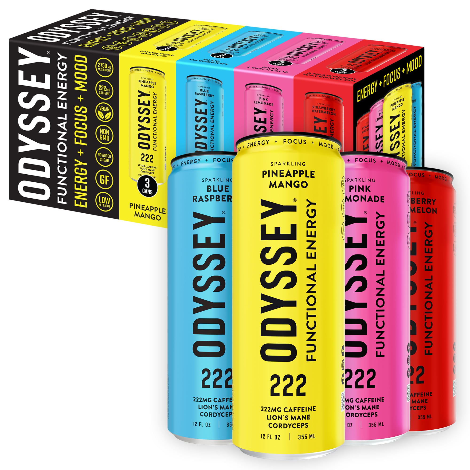 Odyssey Functional Energy Drink for Focus, Cognition & Mood Support 12 Pack - Adaptogenic Drink with 222mg Green Tea Caffeine, Lion’s Mane, Cordyceps, L-Theanine & Ginseng, Variety Pack