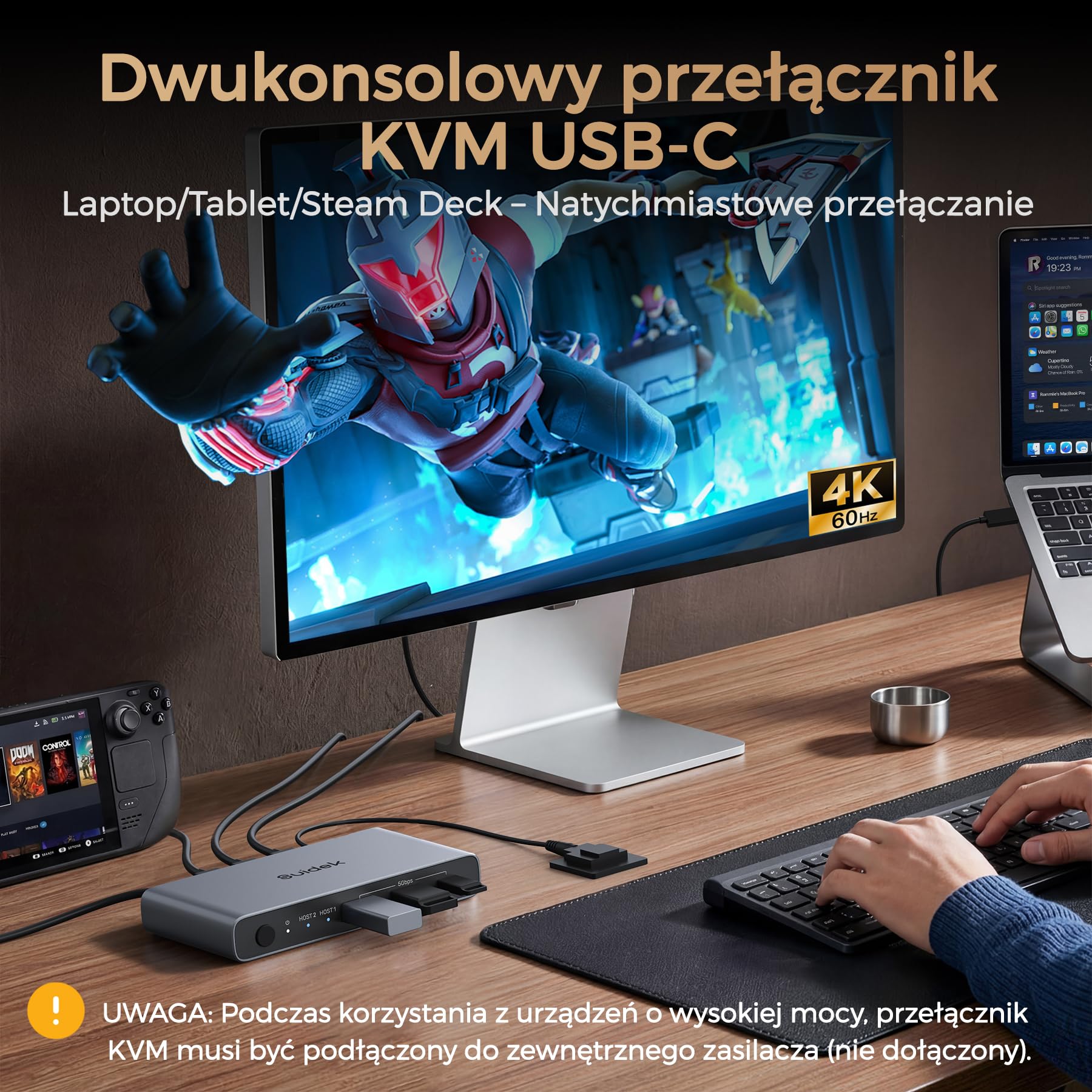 SUIDEK Przełącznik USB C KVM 2 w 1, wyjście 4K 60 Hz, aluminium z 3 portami USB 3.0, na 2 laptopy, 1 monitor, klawiaturę, mysz i drukarkę, z kablem USB/kontrolerem, obsługuje ładowanie do 100 W
