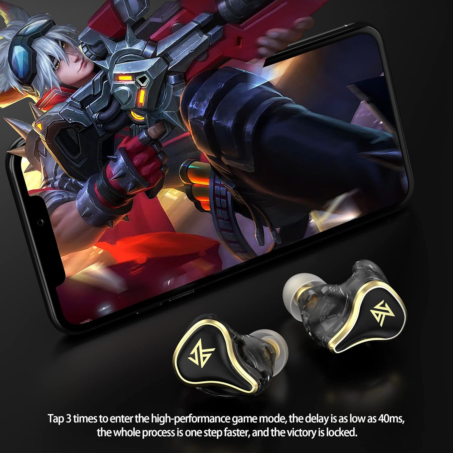 Image showing a person playing a mobile game with KZ SK10Pro earbuds, illustrating the quick gaming mode activation with low latency.
