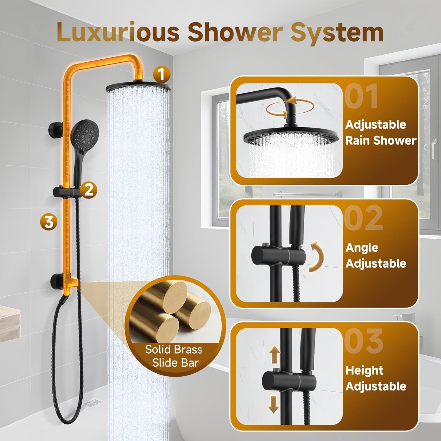 BRIGHT SHOWERS Rain Shower System Combo - 9 Inch Rainfall & Handheld Shower Heads with Power Wash, Solid Brass Rail, Height Adjustable Holder, 60 Inch Long Stainless Steel Hose, Matte Black