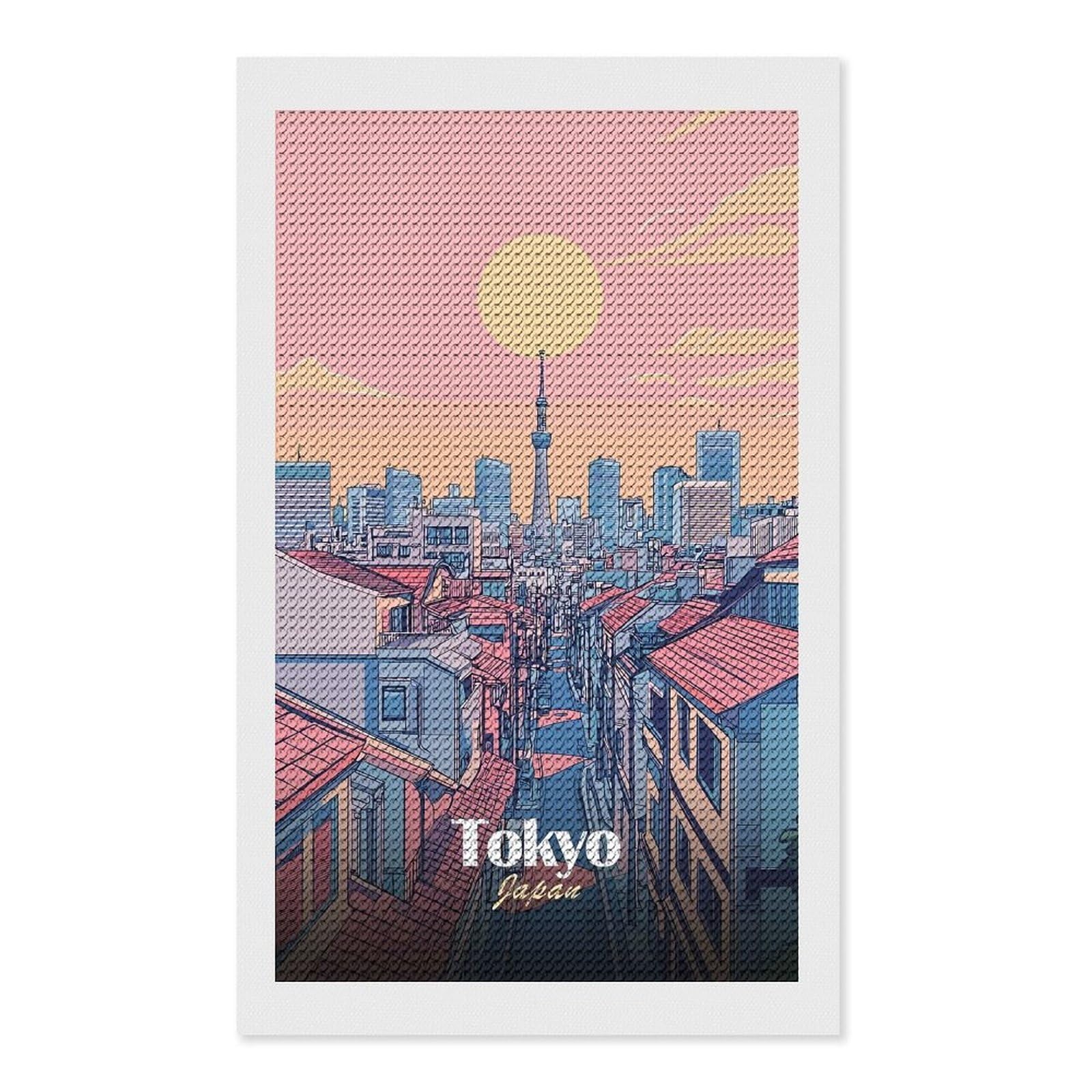 Junmoney Tokyo Skyline Illustration Diamond Painting Set 12"x20", Modern Decor, for Beginners, Printed Canvas, Thoughtful Handmade Gift, with Tool Kit