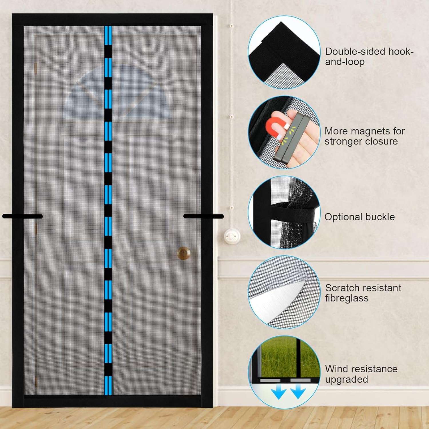 Fillis Magnetic Fly Screen Doors 90x200cm, Mosquito Proof Door Curtains, Fiberglass Mesh with Full Frame Hook and Look - Image 3