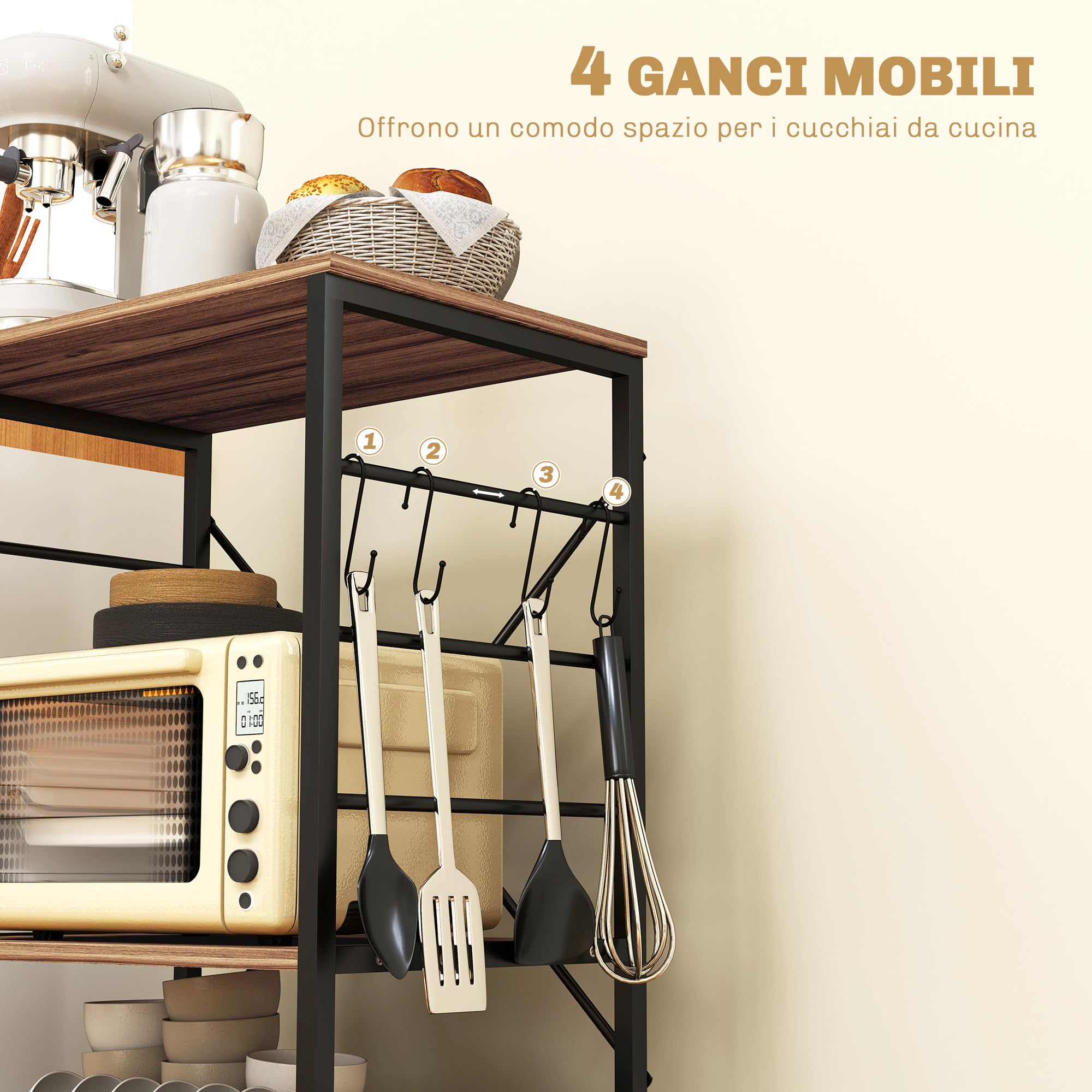 HOMCOM Scaffale da Cucina a 3 Livelli Stile Industriale 60x40x84 cm Teak
