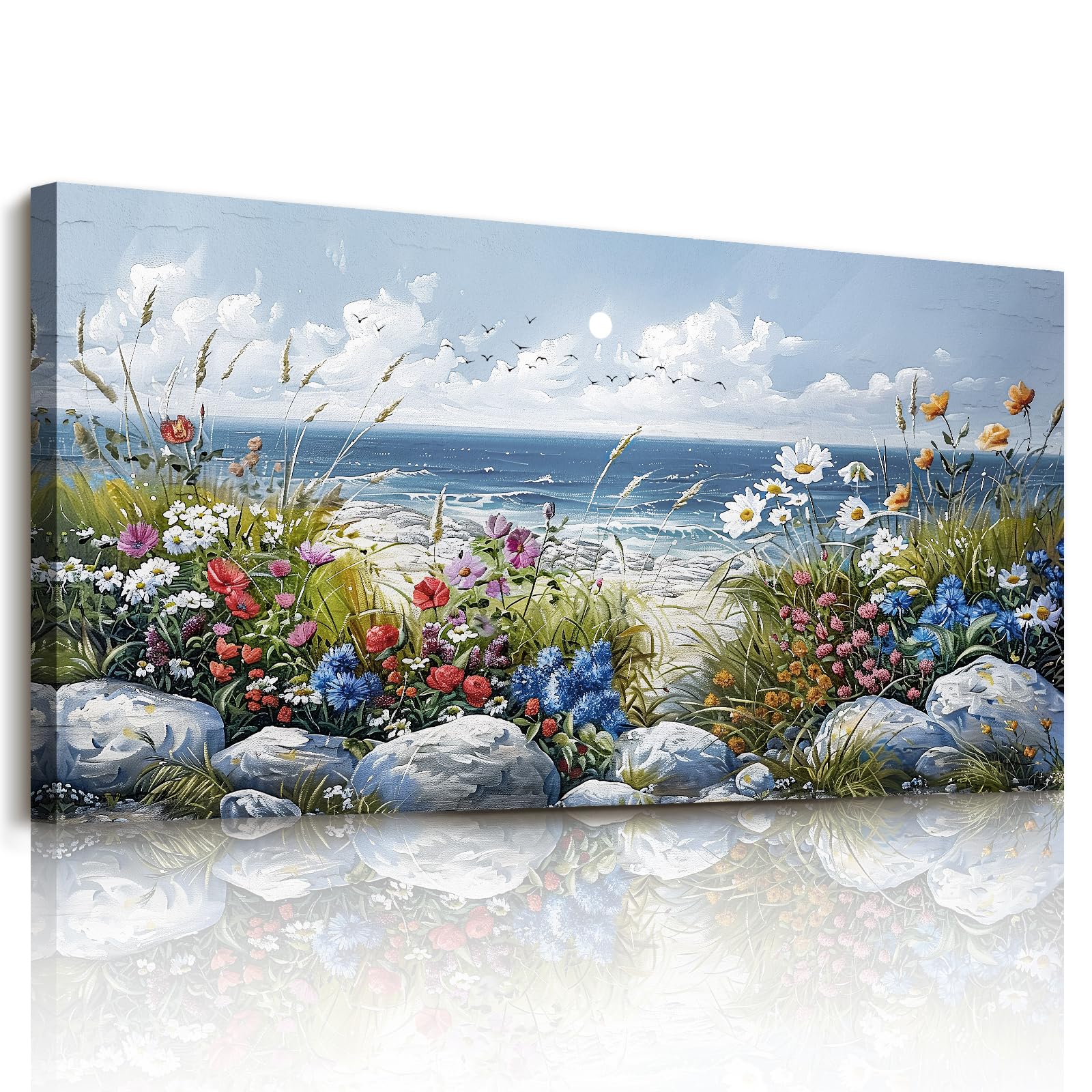 JHHUAMO Canvas Wall Art Large, Natural Sea Landscape Pictures, Frameless Modern Painting, Colorful Flower Wall Decorations for Living Room Bedroom Garden Hallway Office Gallery 29"x57"