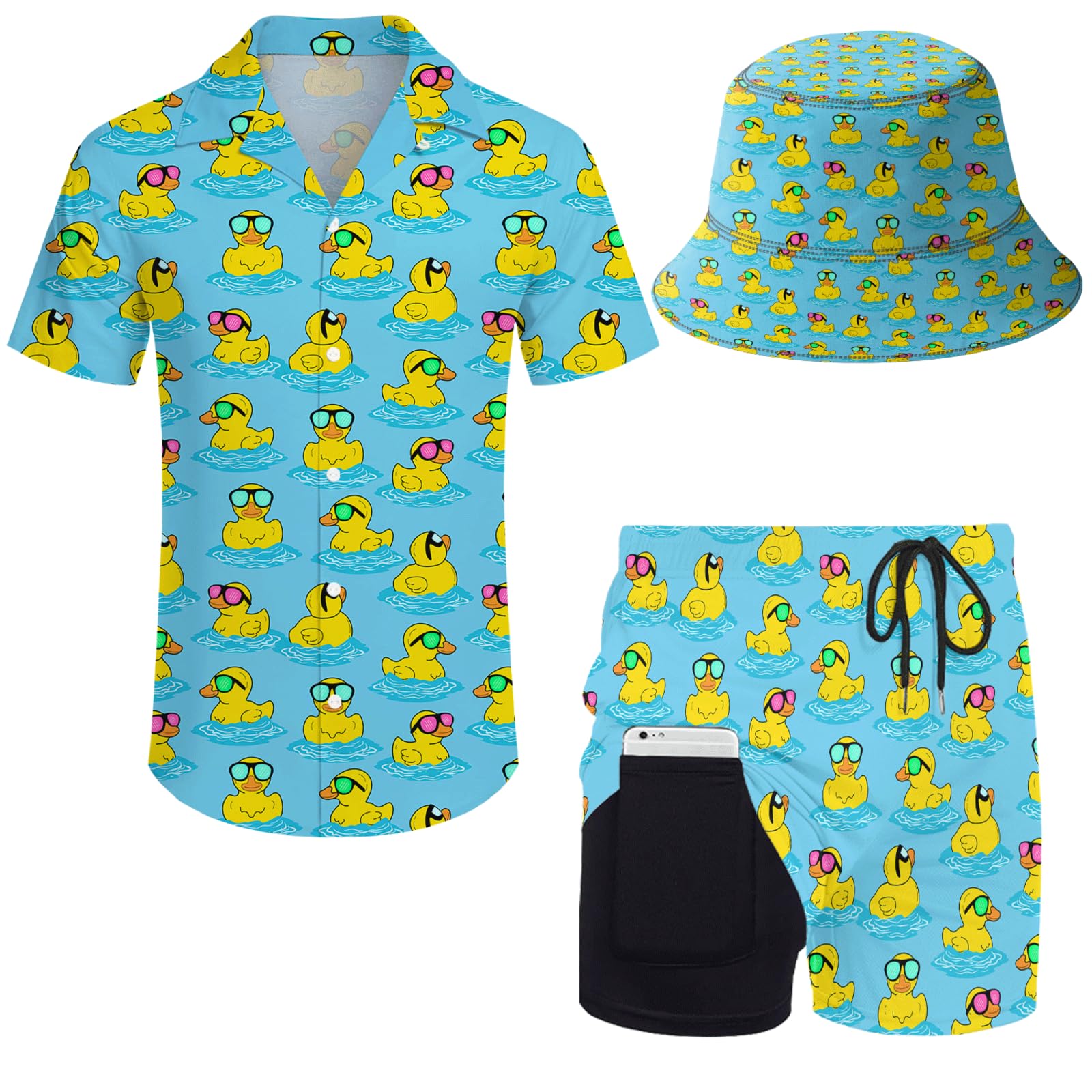 GIRPOL 2 Piece Outfits Hawaiian Shirt and Shorts with Hat, Duck, Large