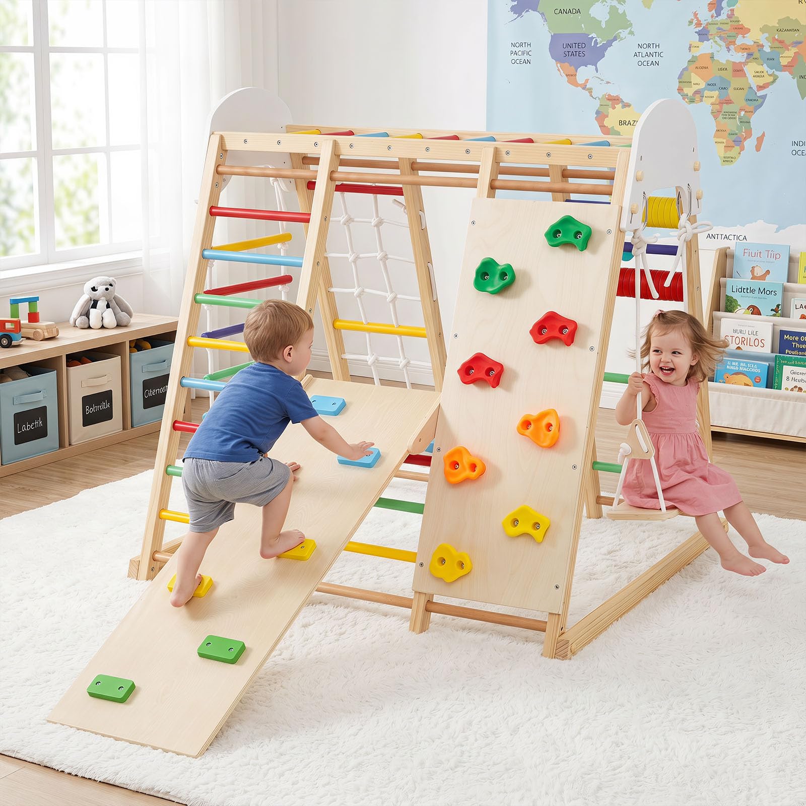 COSTWAY 8 in 1 Indoor Klettergerüst aus Holz für Kinder ab 3 Jahren (Bunt) | Klappbares Kletterspielzeug Set mit Hangelgerüst, Klettersteine, Kletterrampe, Kletternetz, Kletterseil, Leiter & Schaukel