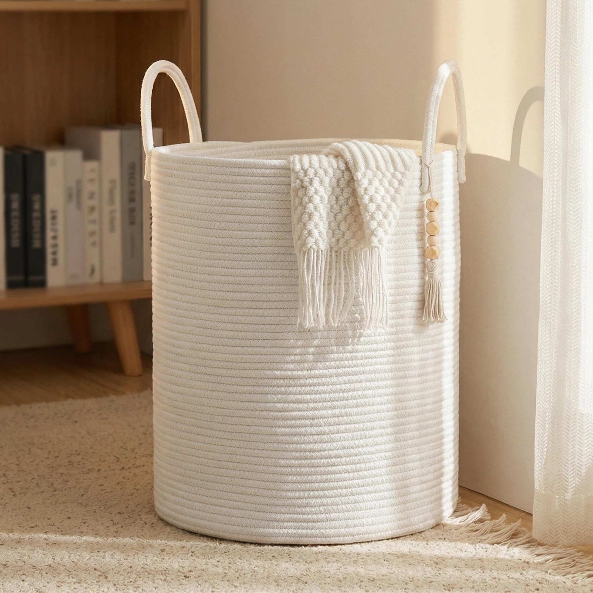 Grande cesto portaoggetti in corda di cotone intrecciato da 60 l, con manici, alto per biancheria e giocattoli, per asilo, soggiorno e camera da letto, cestino morbido e pieghevole (bianco)